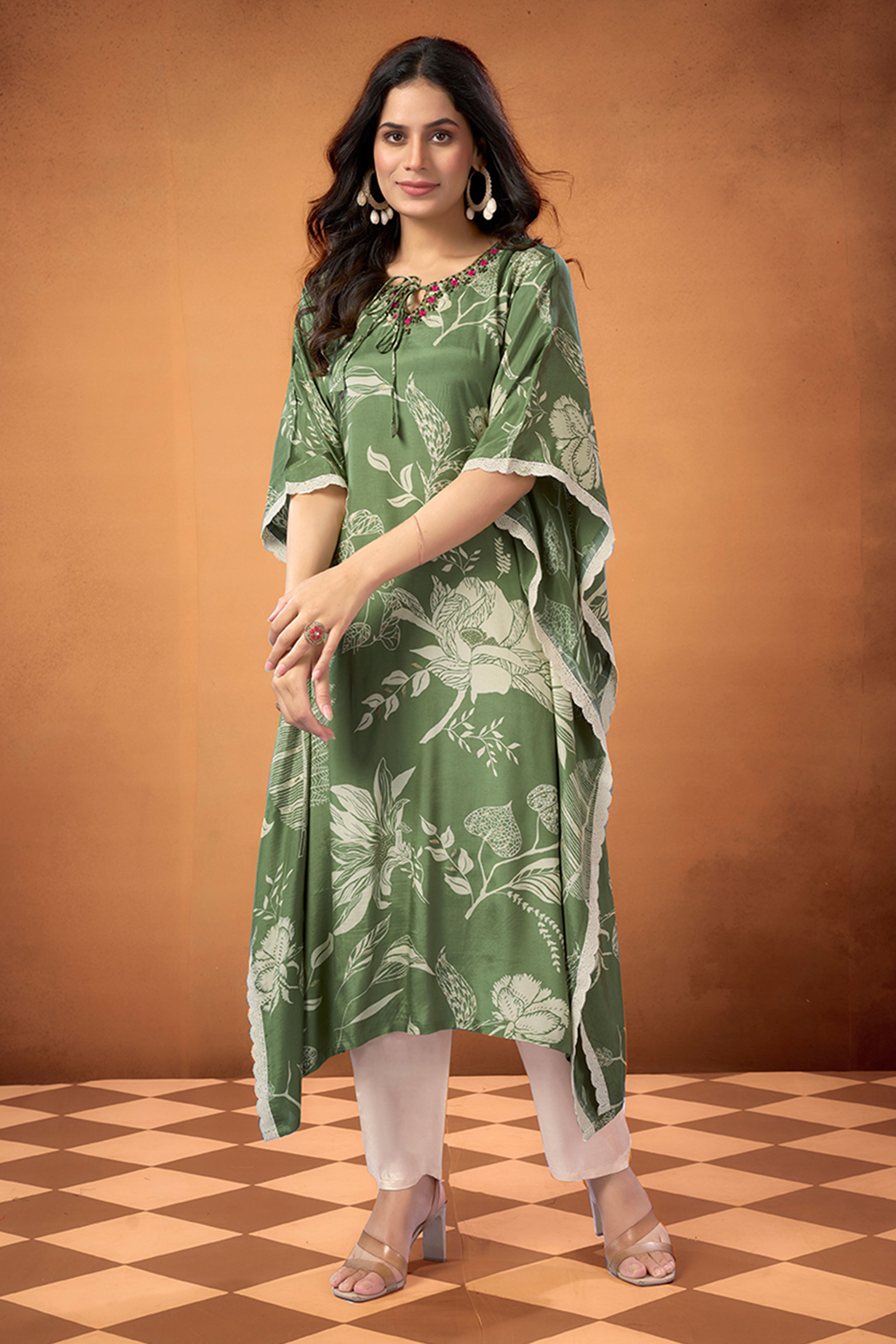 Green Floral Printed Muslin Kaftan Top Bottom Set
