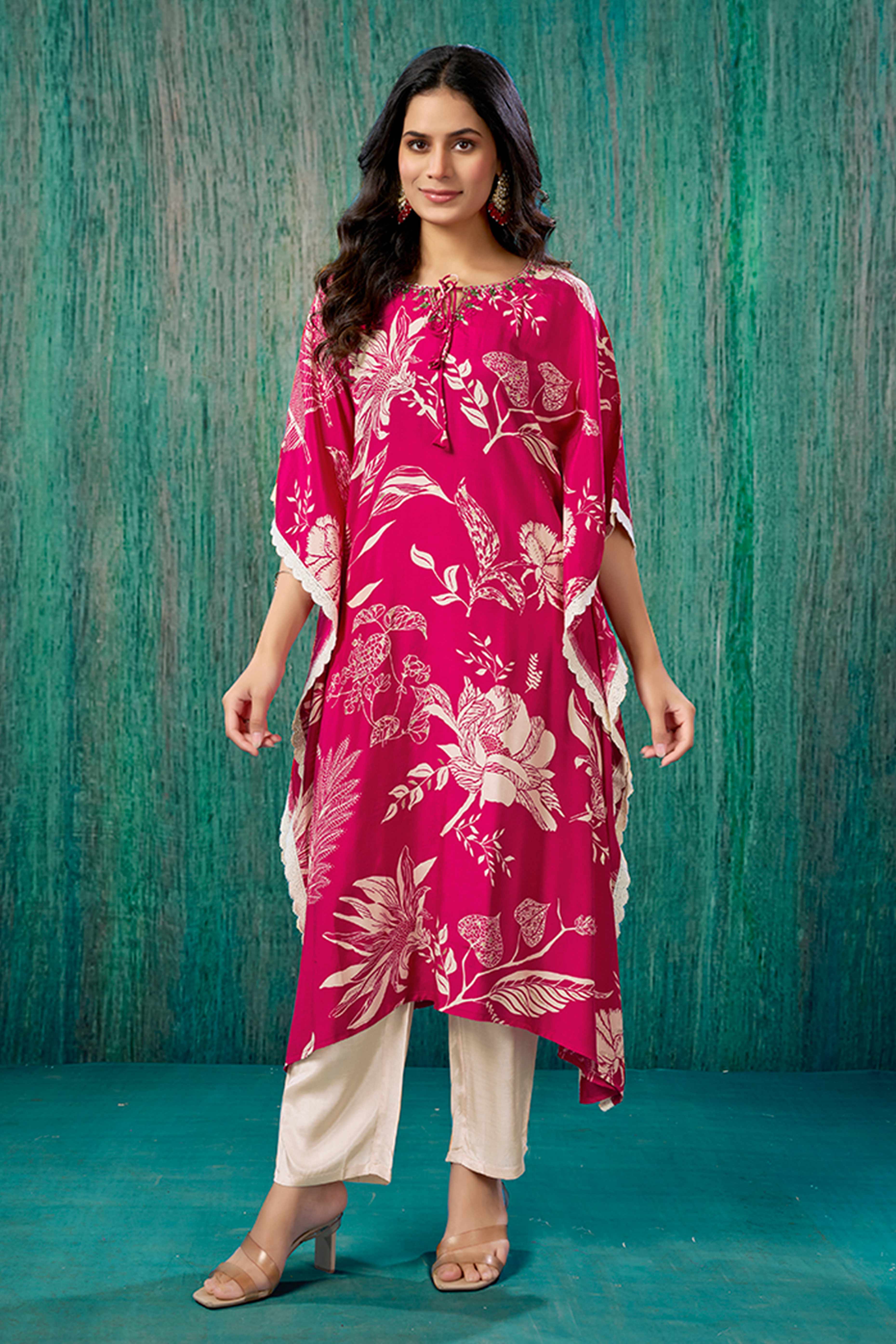 Pink Floral Printed Muslin Kaftan Top Bottom Set
