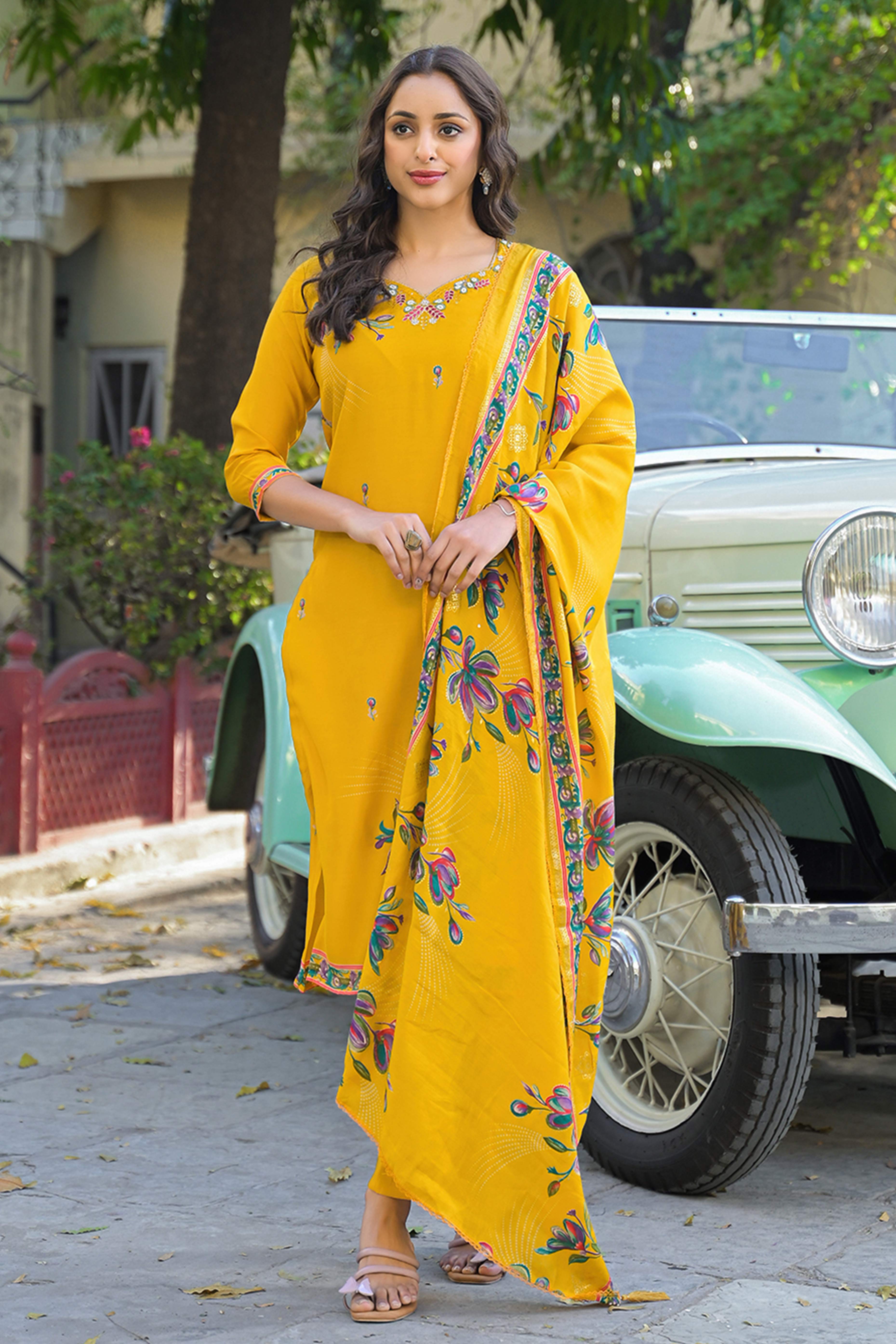 Mustard Floral Printed Thread Work Chanderi Silk Straight Salwar Suit