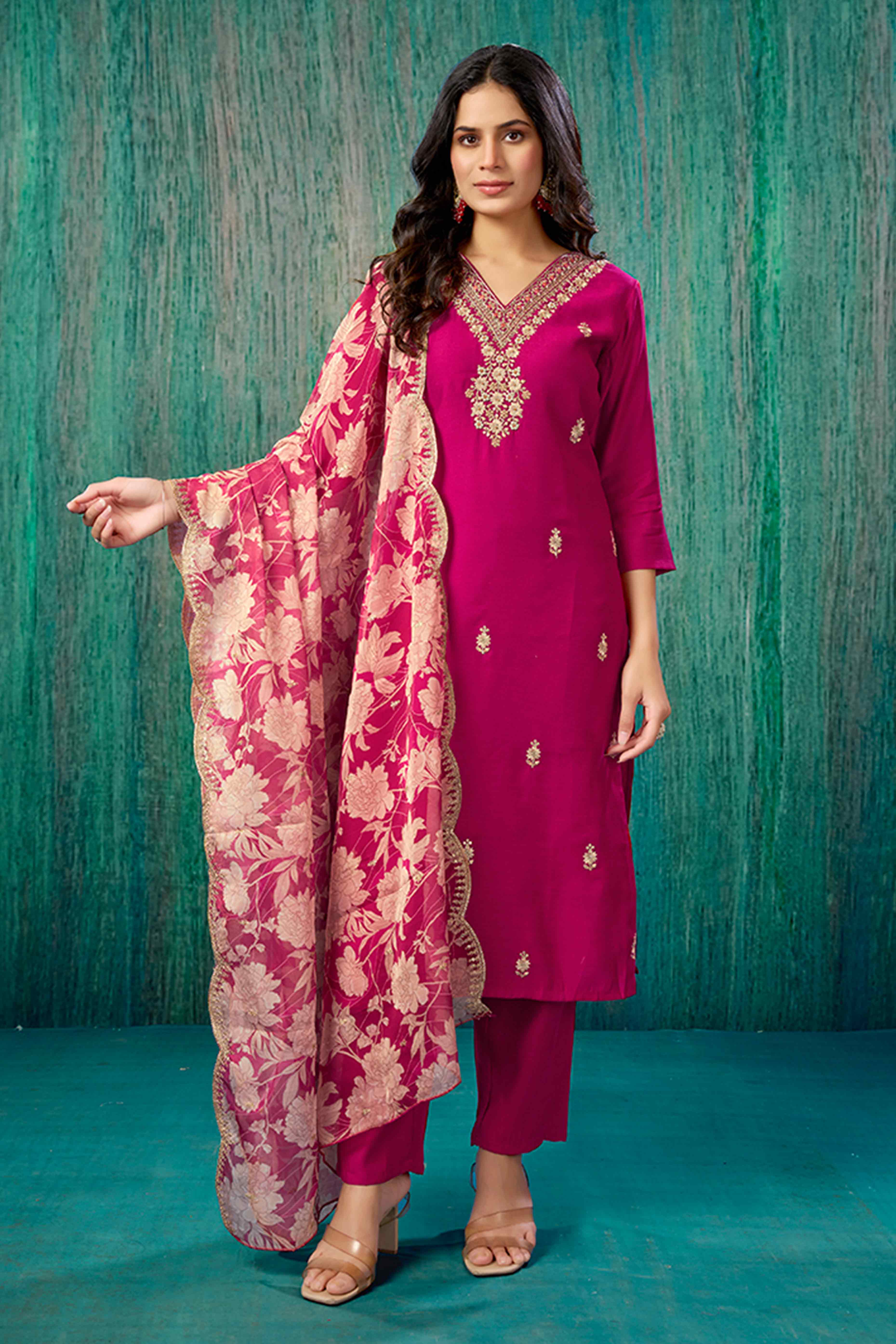 Rani Pink Beads Work Embroidered Chanderi Straight Salwar Suit