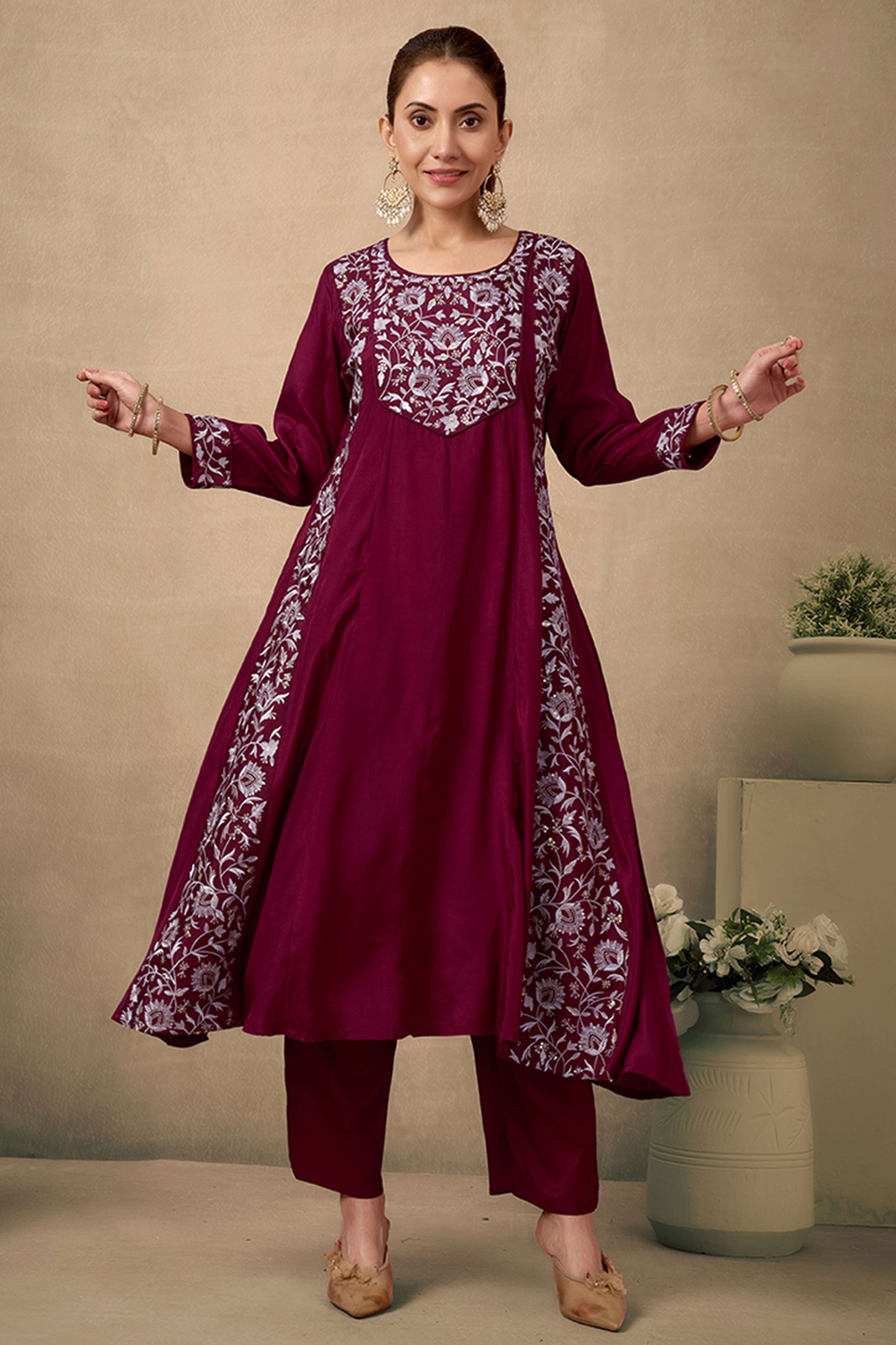 Maroon Silk Blend Anarkali Suit With Floral Sequins Embroidery