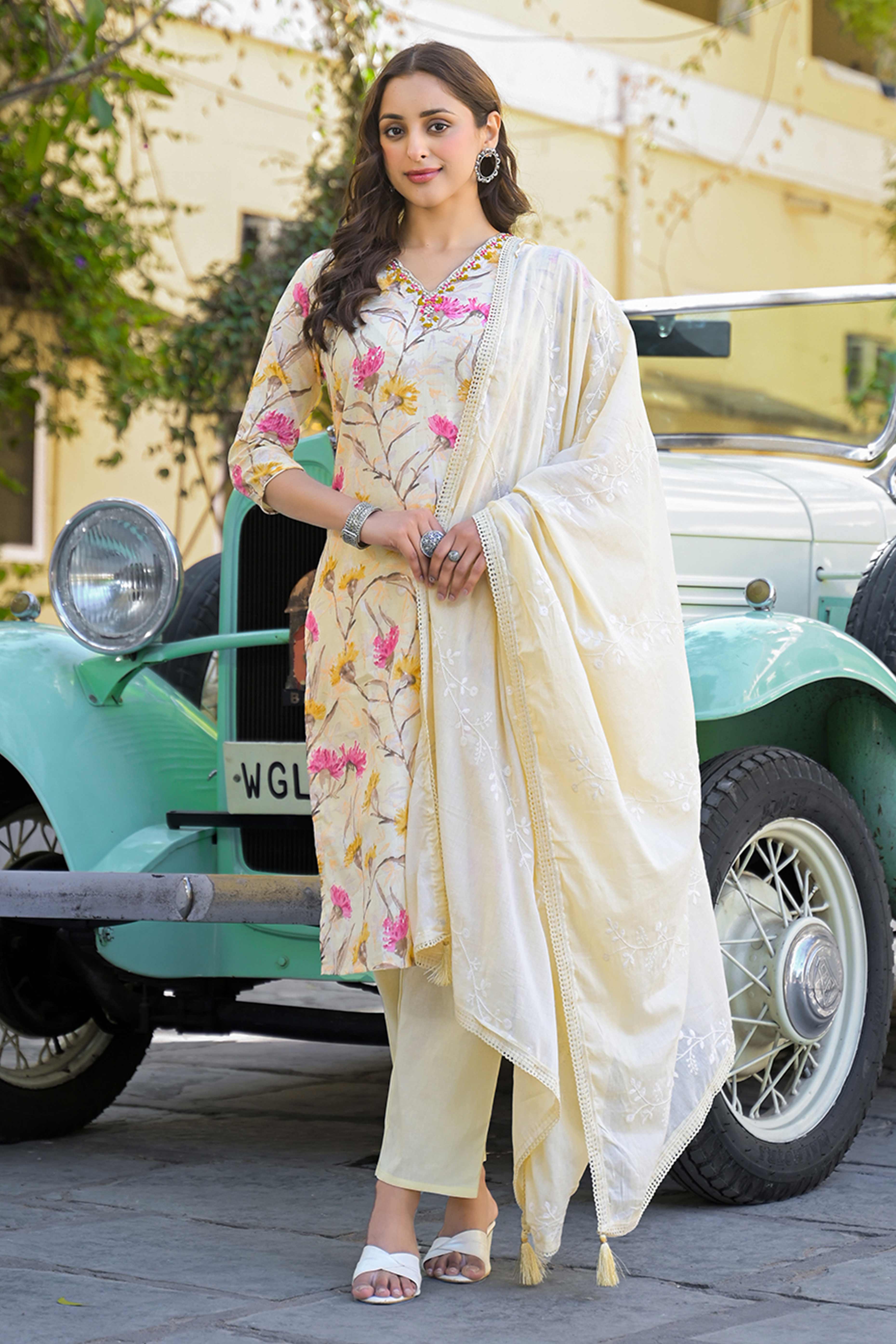 Light Yellow Floral Printed Thread Work Pure Cotton Straight Salwar Suit