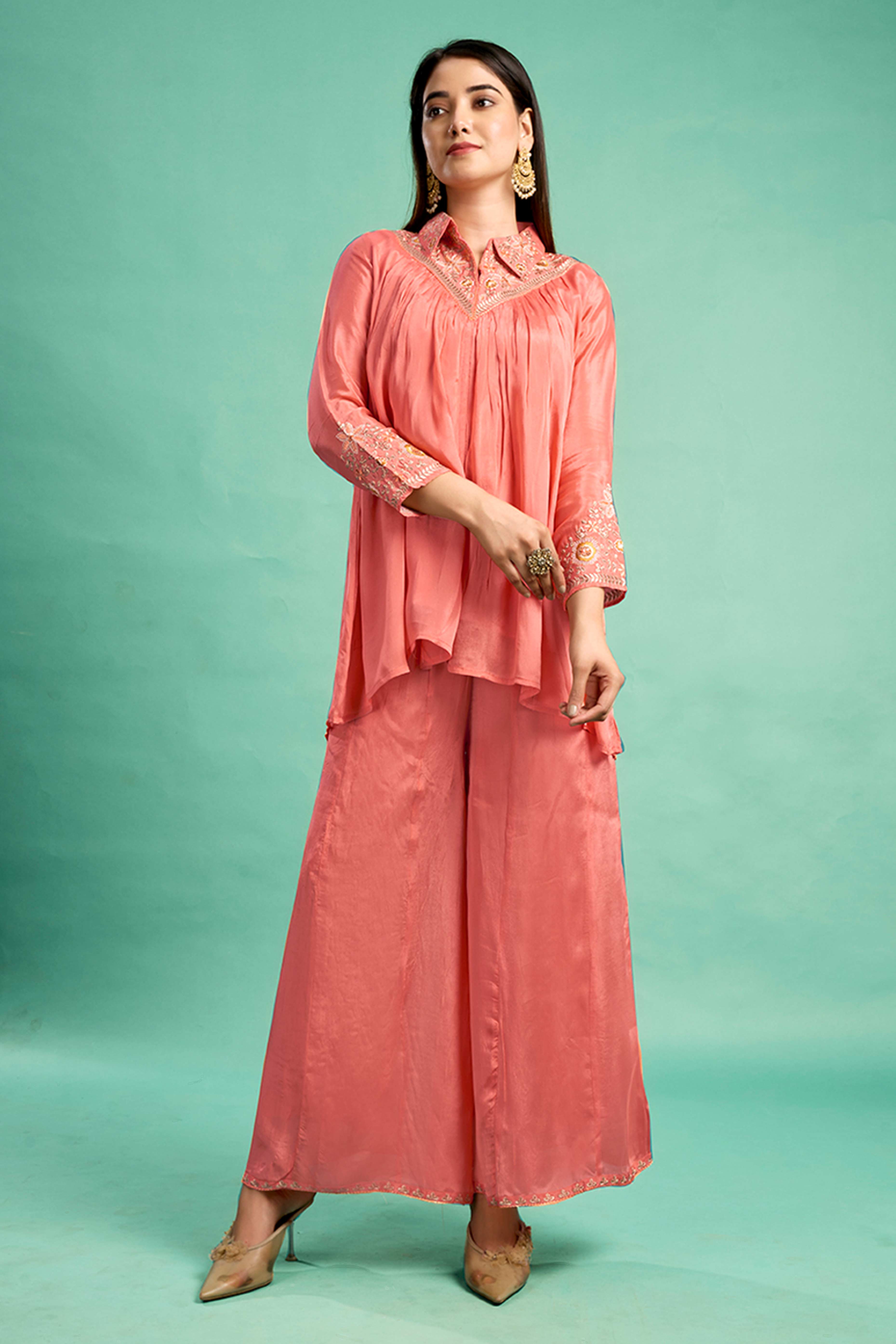 Peach Embroidered Chinon A-Line Co-Ord Set