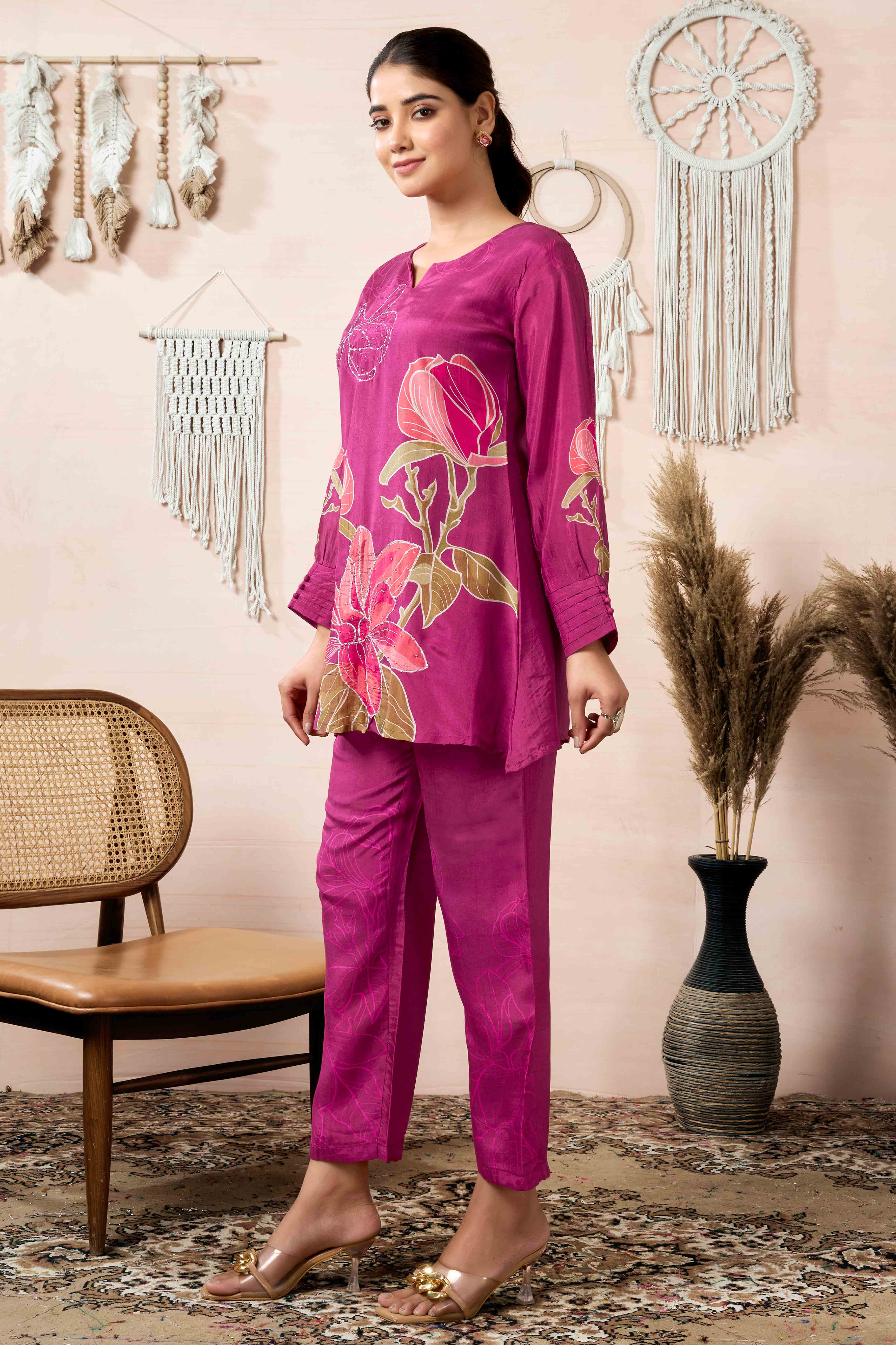 Mulberry Wine Beads Work Digital Printed Muslin Co-Ord Set