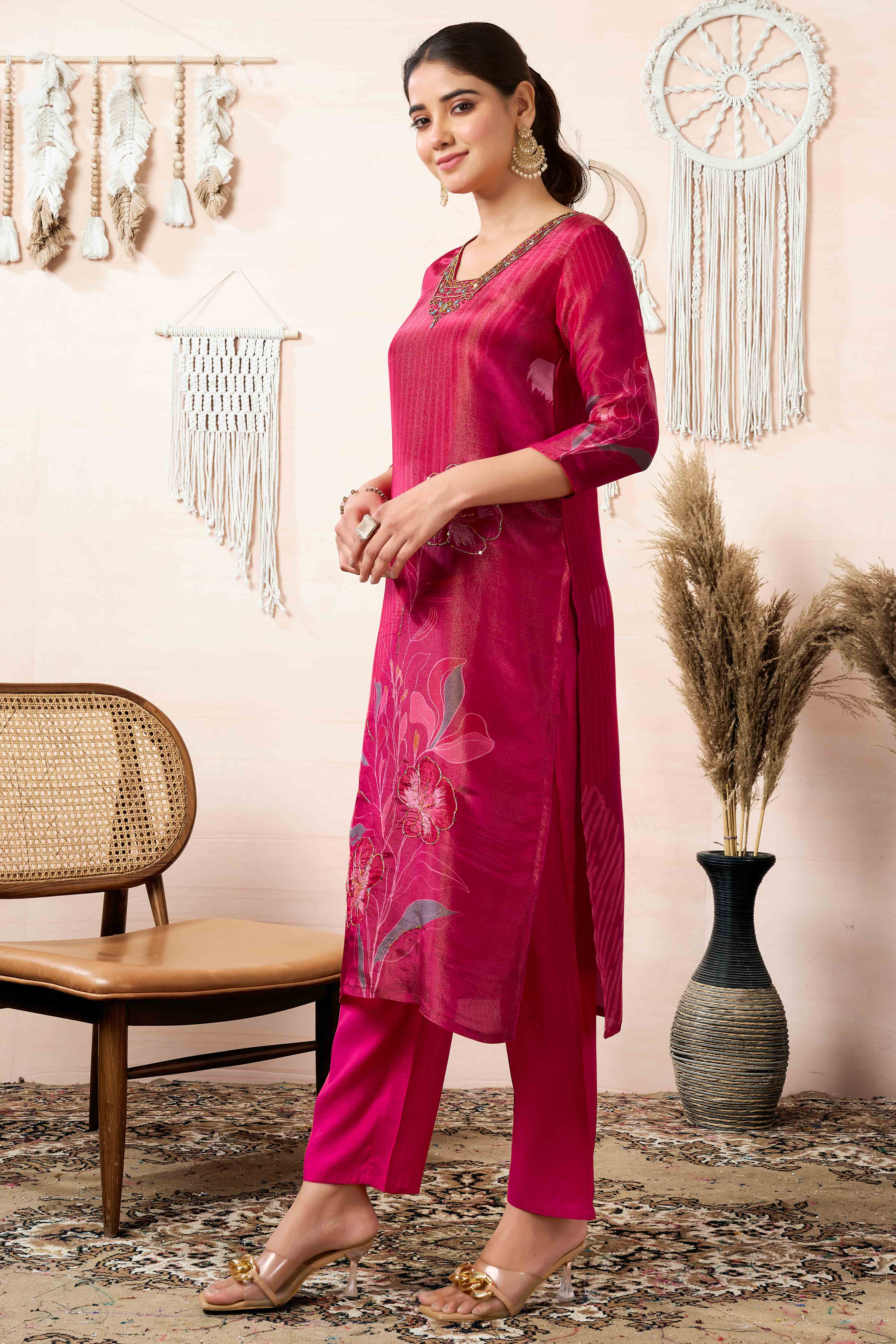 Pink Beads Work Cotton Silk Straight Salwar Suit
