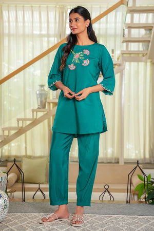 Refreshing Dark Sea Green Chinon Straight Co-Ord Set Adorned With Floral Sequins Embroidery