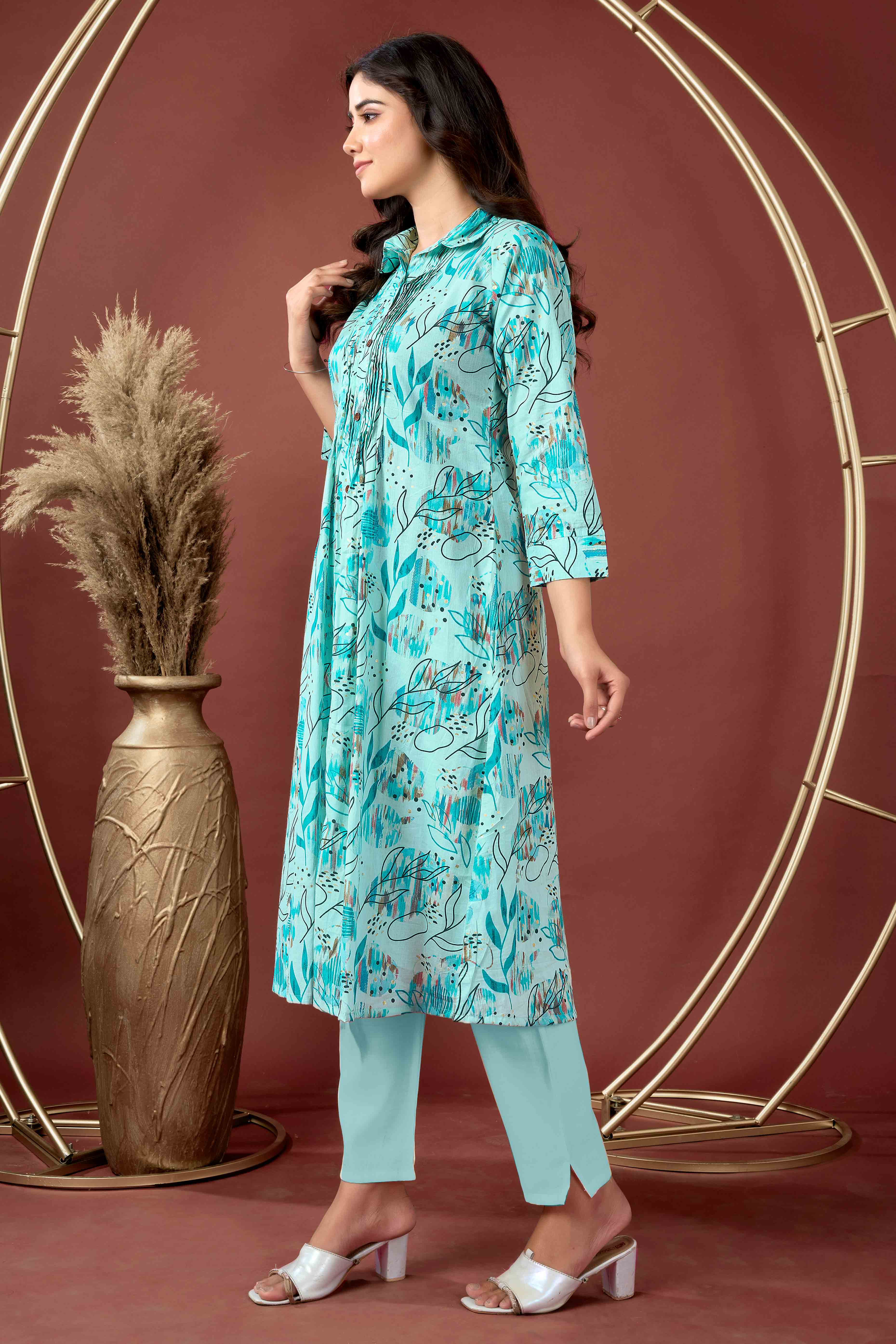 Light Blue Floral Printed Pure Cotton A-Line Kurti