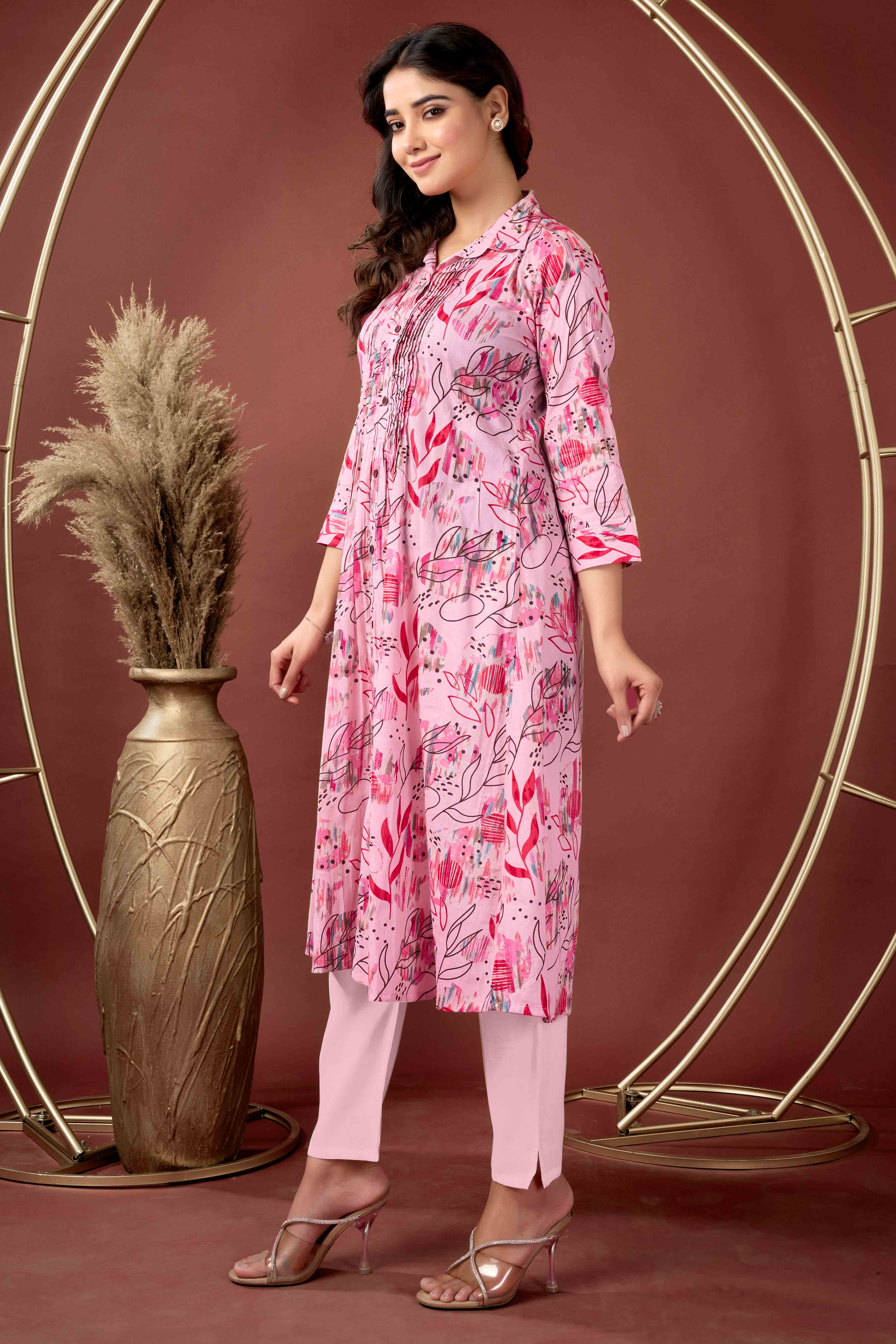 Light Peach Floral Printed Pure Cotton A-Line Kurti