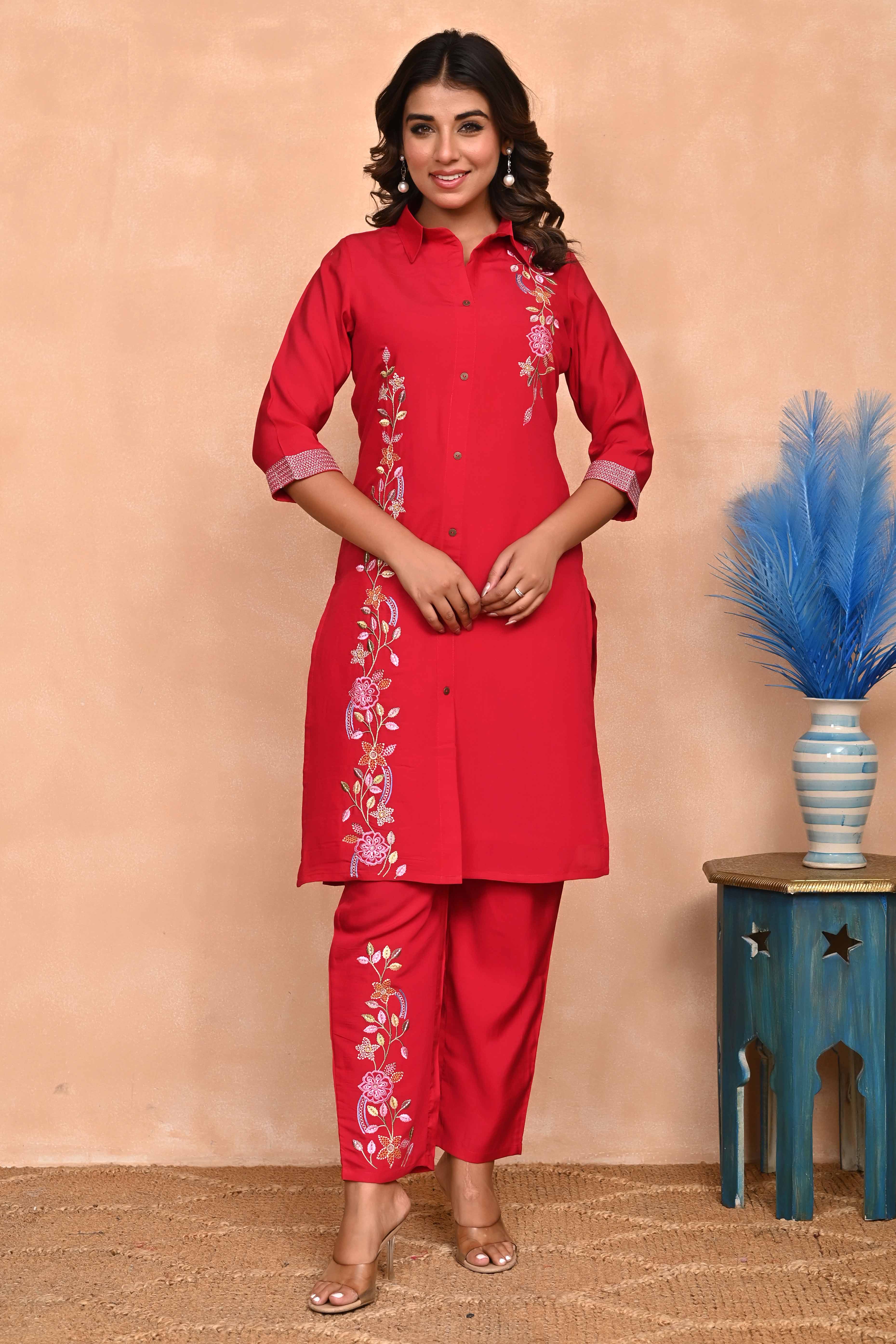 Stylish Red Co-Ord Set in Chanderi Silk with Intricate Floral Embroidery