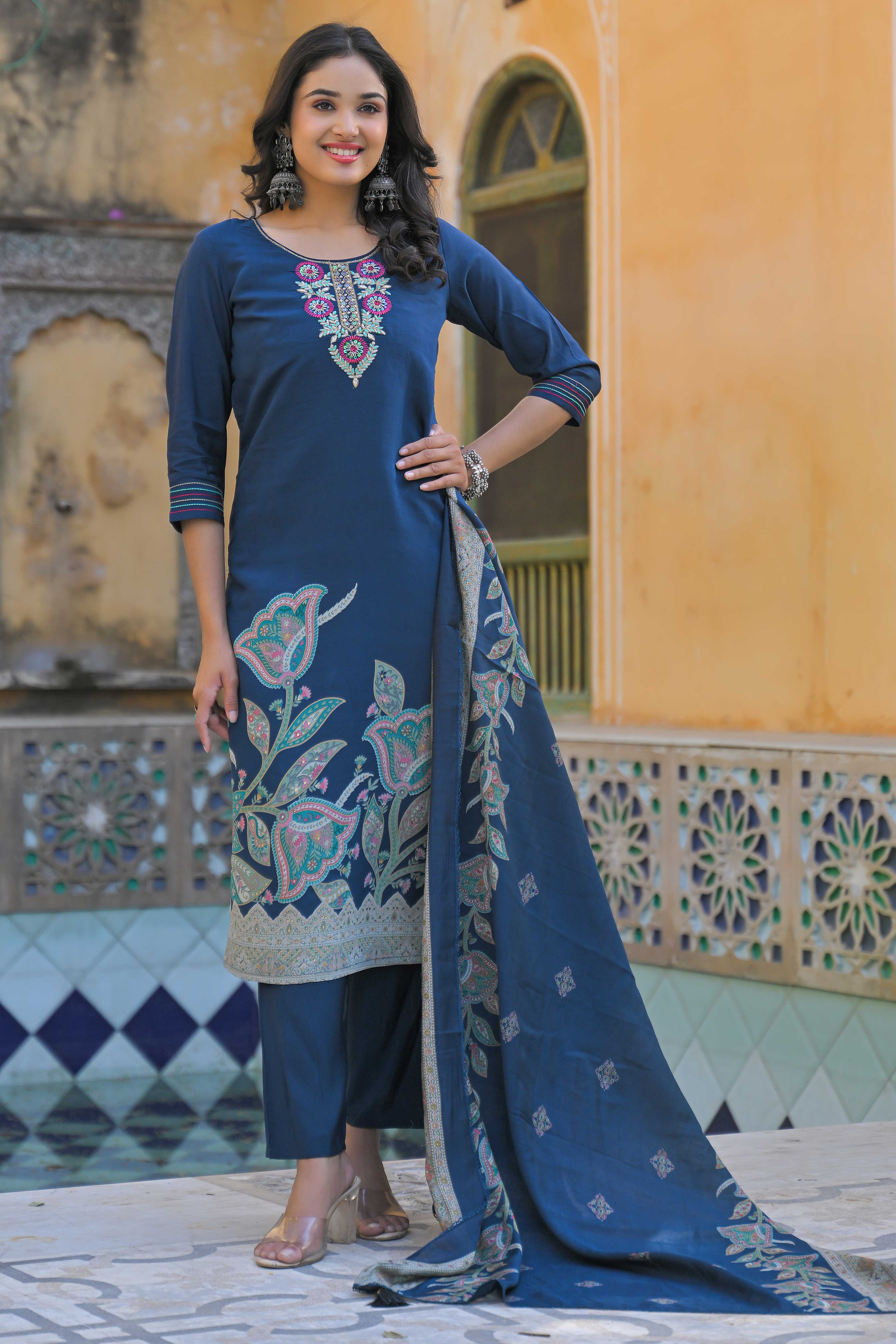 Traditional Morpich Blue Hand Embroidered Chanderi Silk Suit