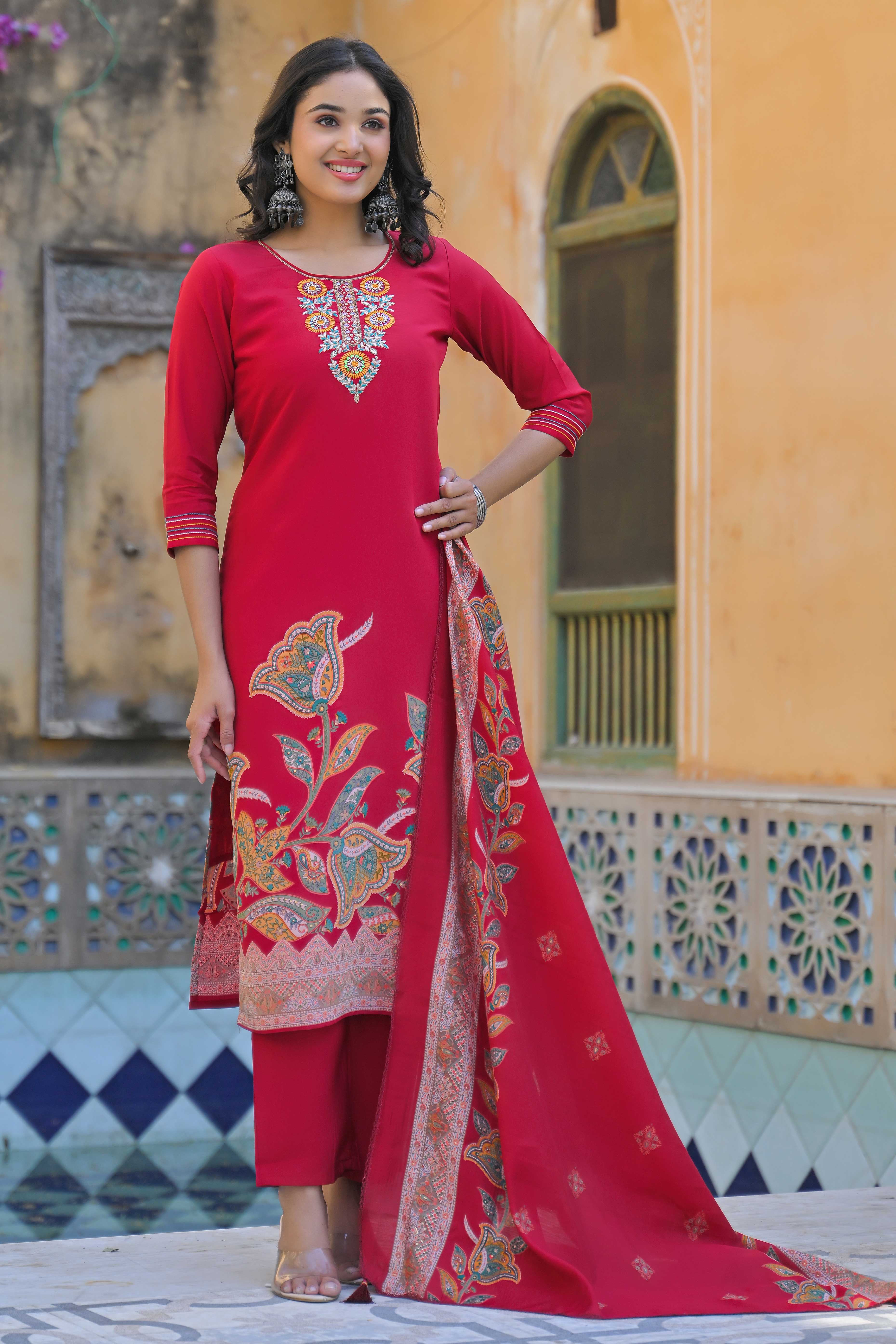 Pink Floral Handwork Embroidered Chanderi Silk Straight Salwar Suit