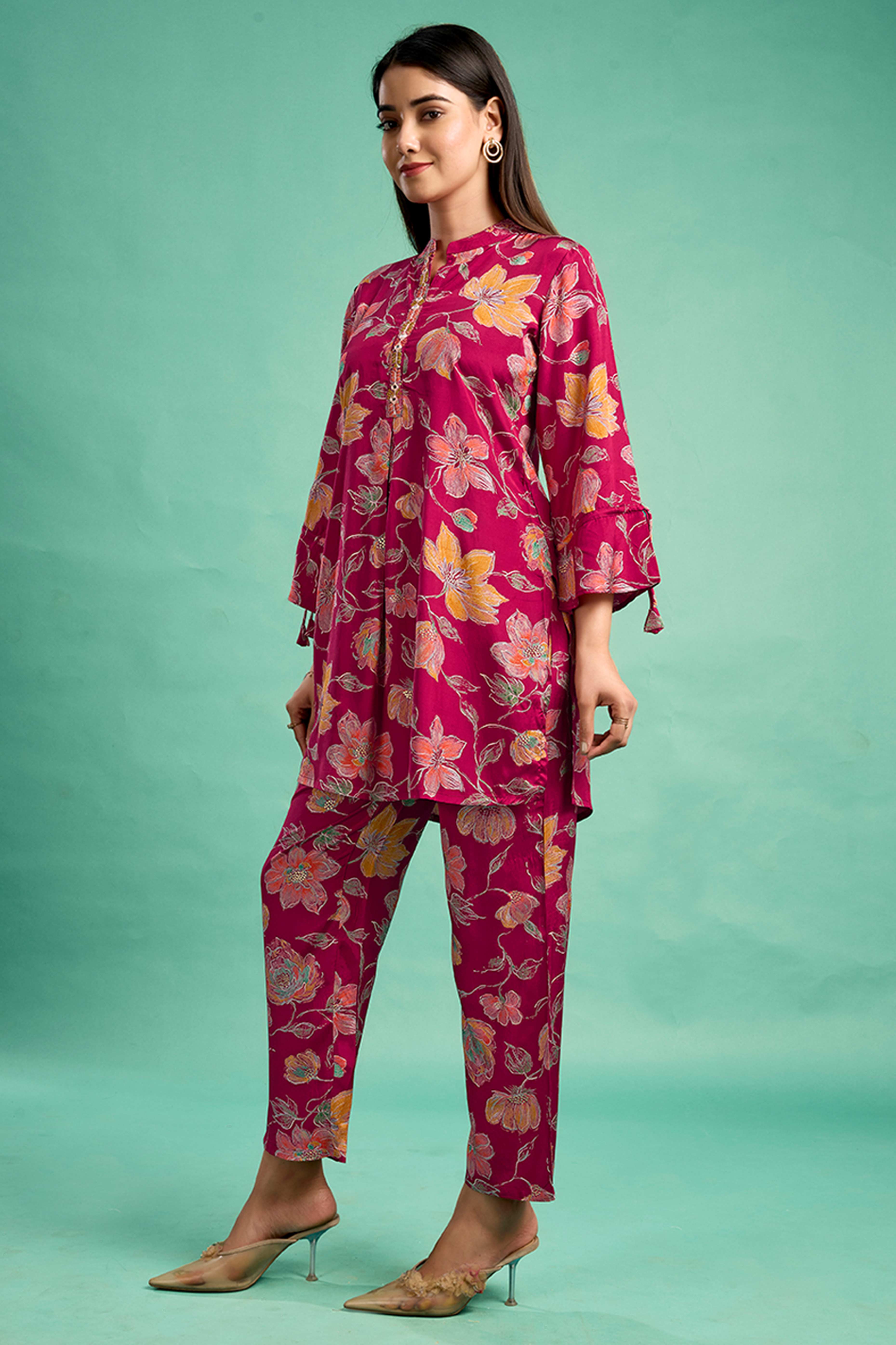 Red Floral Printed Muslin Straight Co-Ord Set