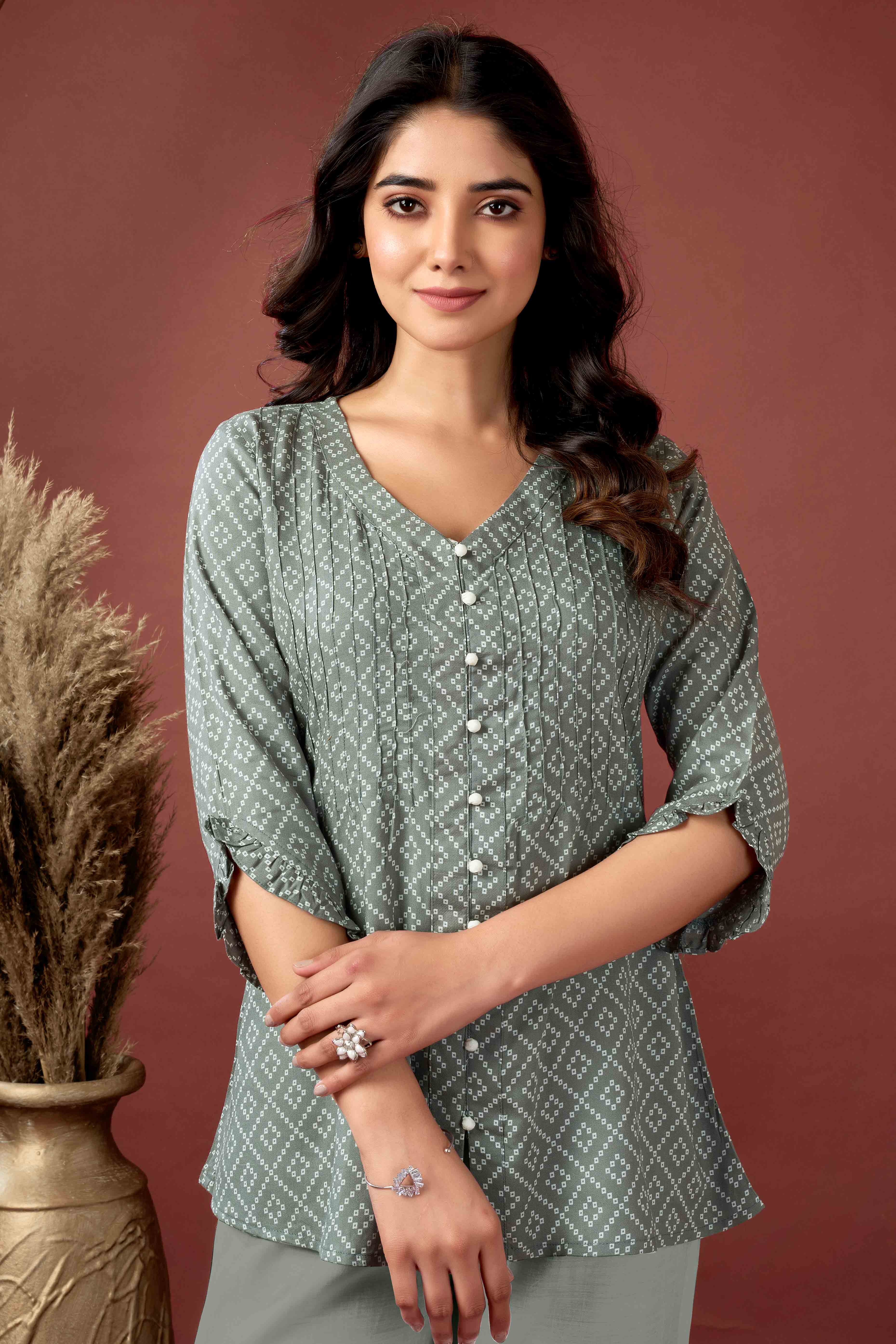 Grey Bandhani Printed Pure Cotton Top