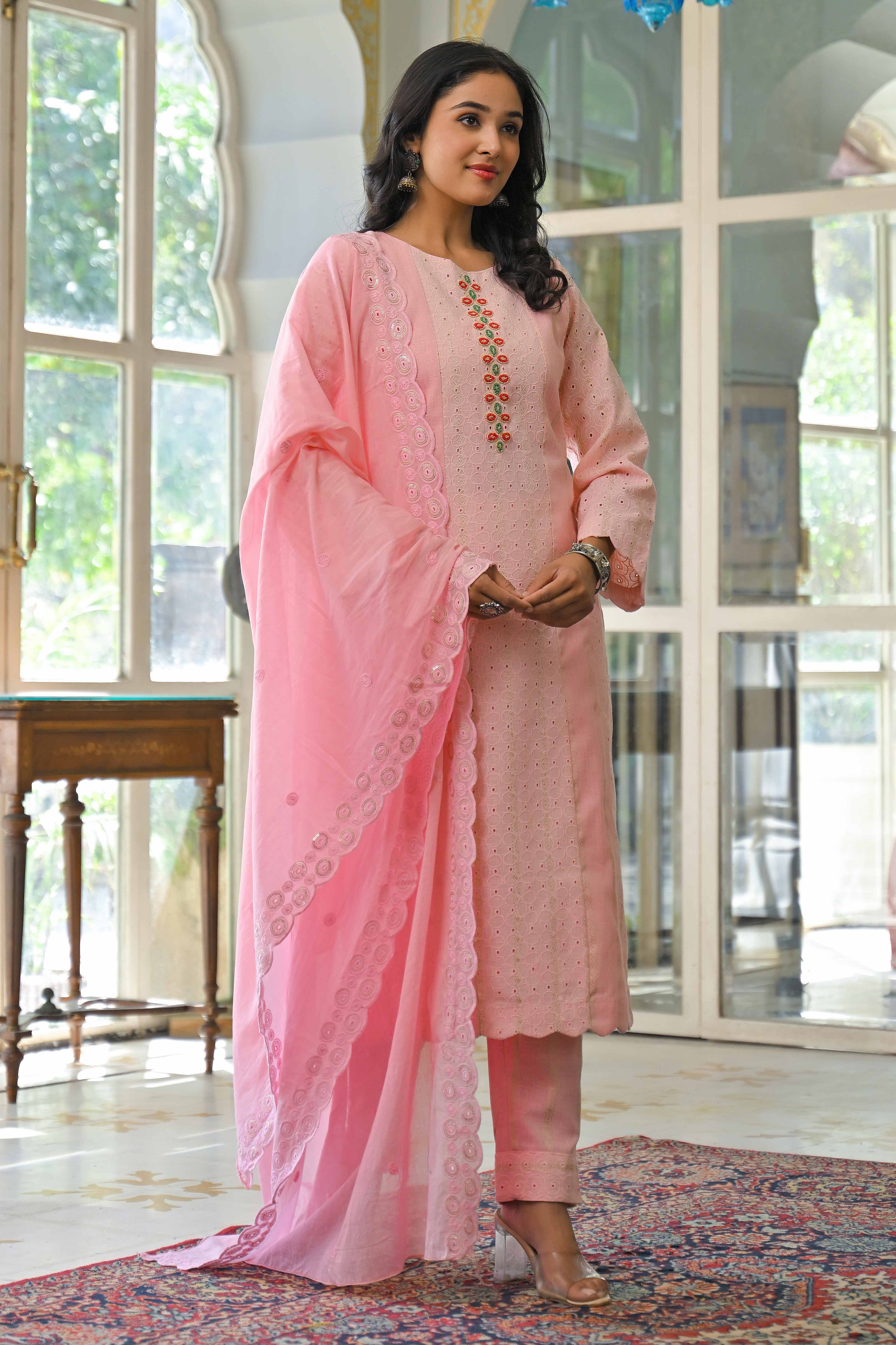 Pink Embroidered Pure Cotton Straight Salwar Suit
