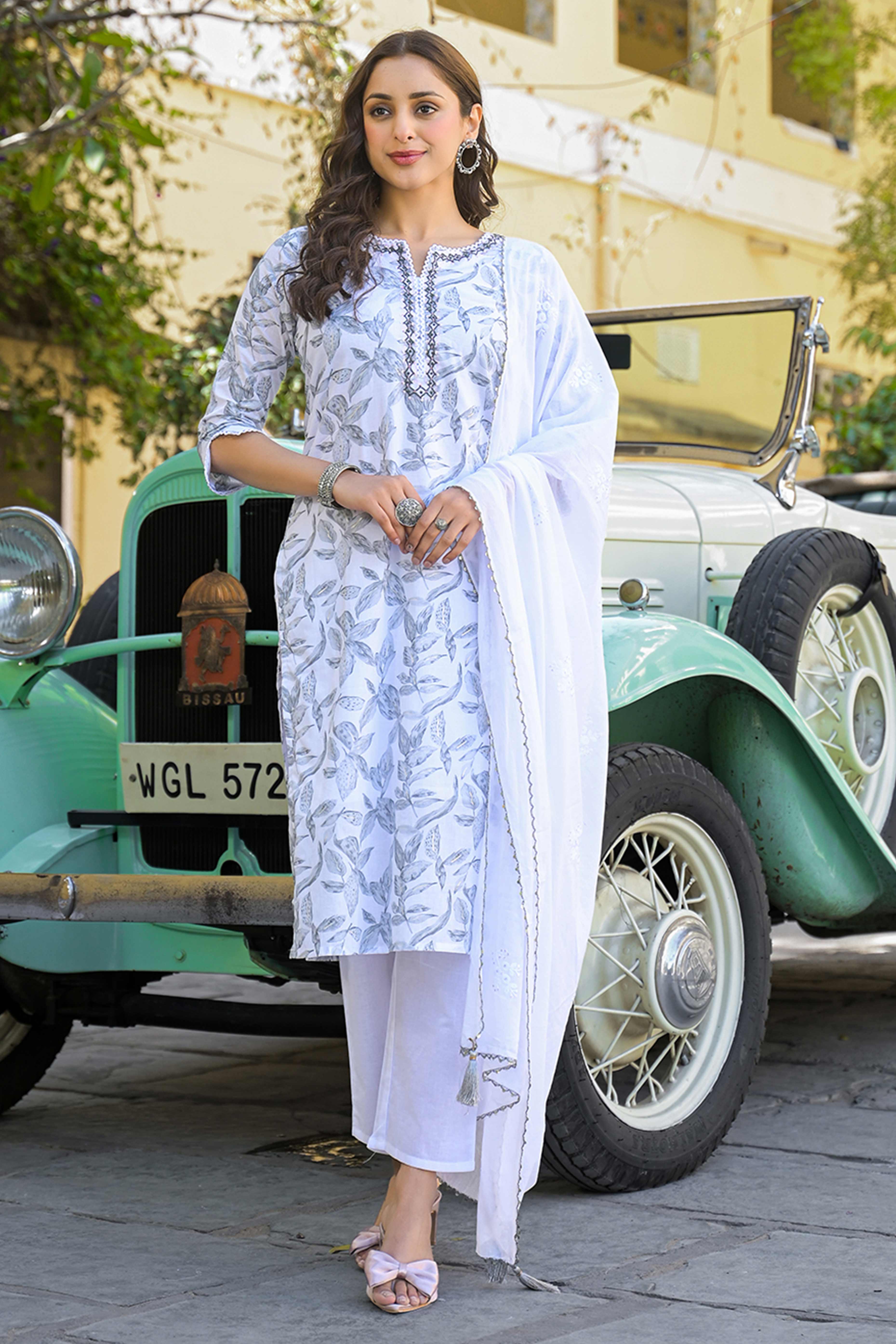 White & Grey Floral Printed Pure Cotton Straight Salwar Suit