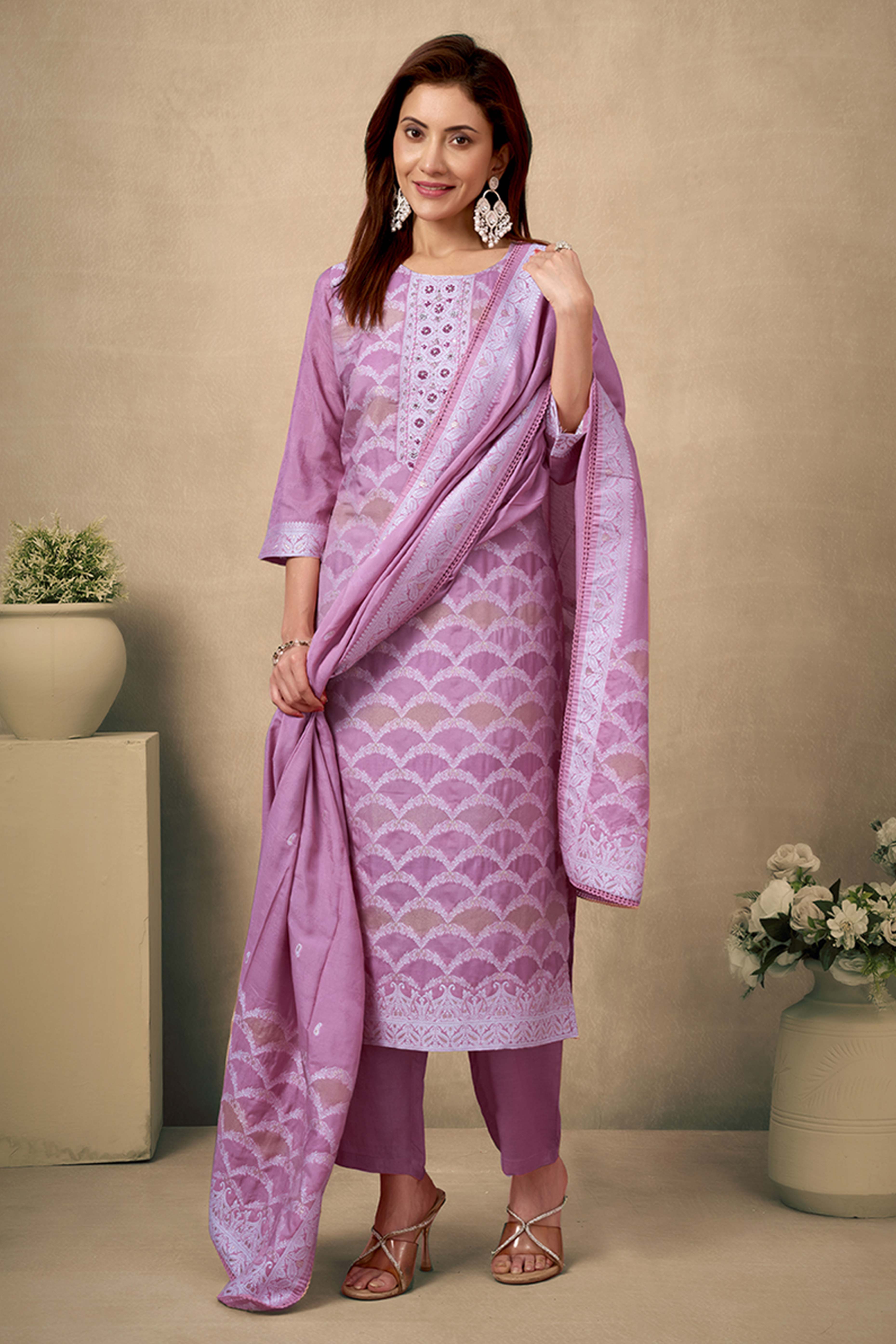 Light Purple Silk Jacquard Straight Salwar Suit with Embroidery Work