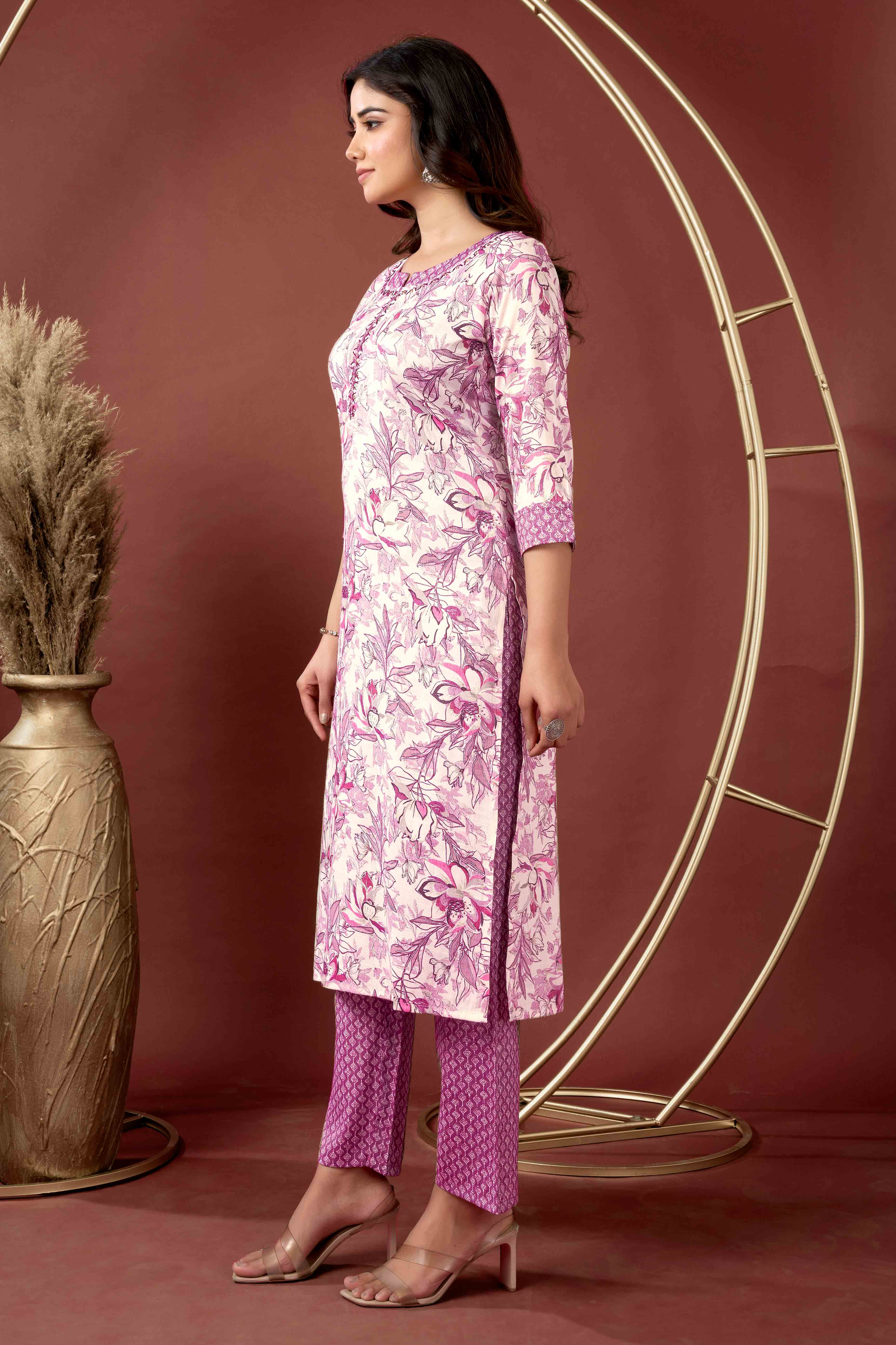Off White & Wine Floral Foil Printed With Sequins Work Rayon Salwar Suit