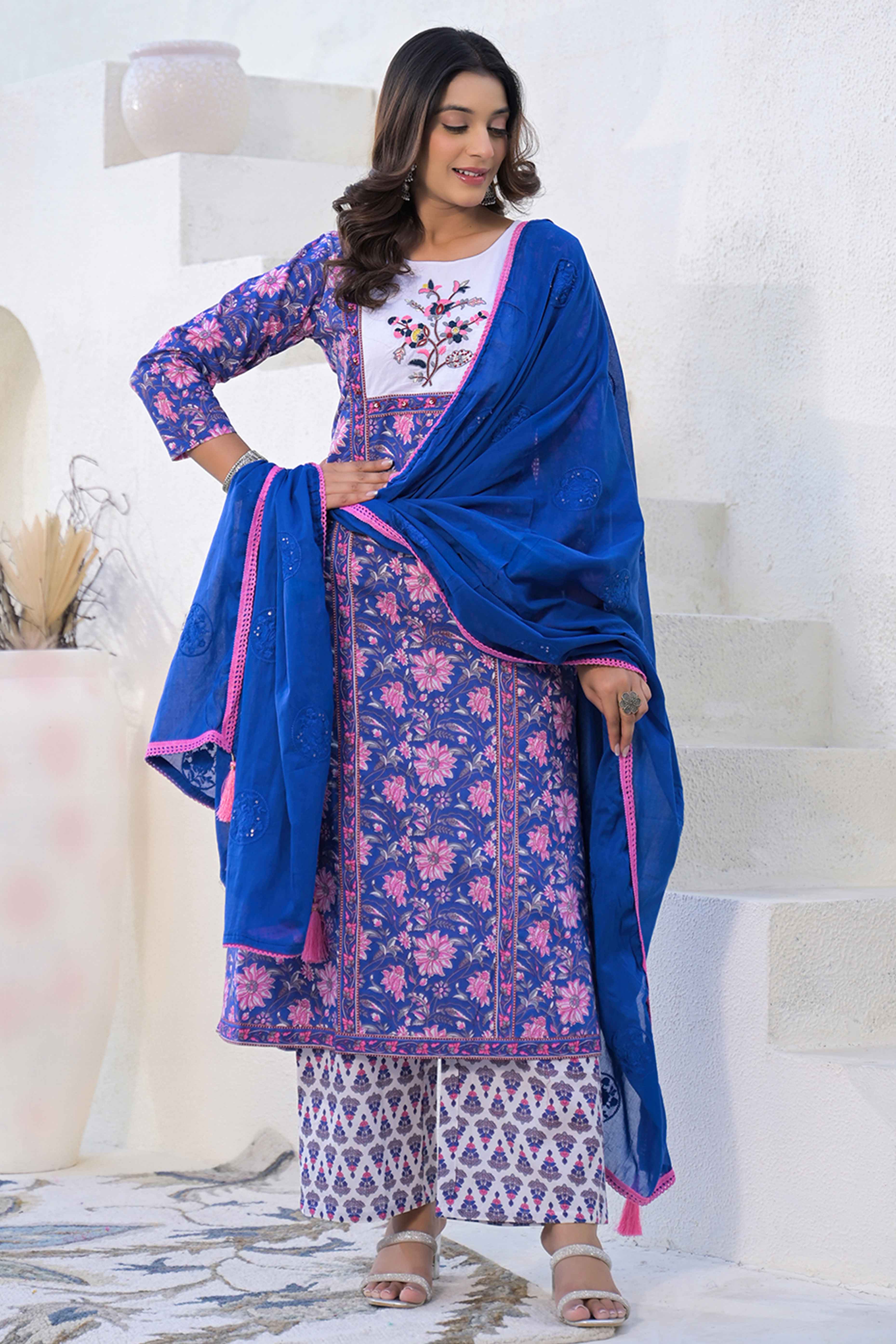 Blue Pure Cotton Salwar Suit with Floral Prints and Embroidered Neck
