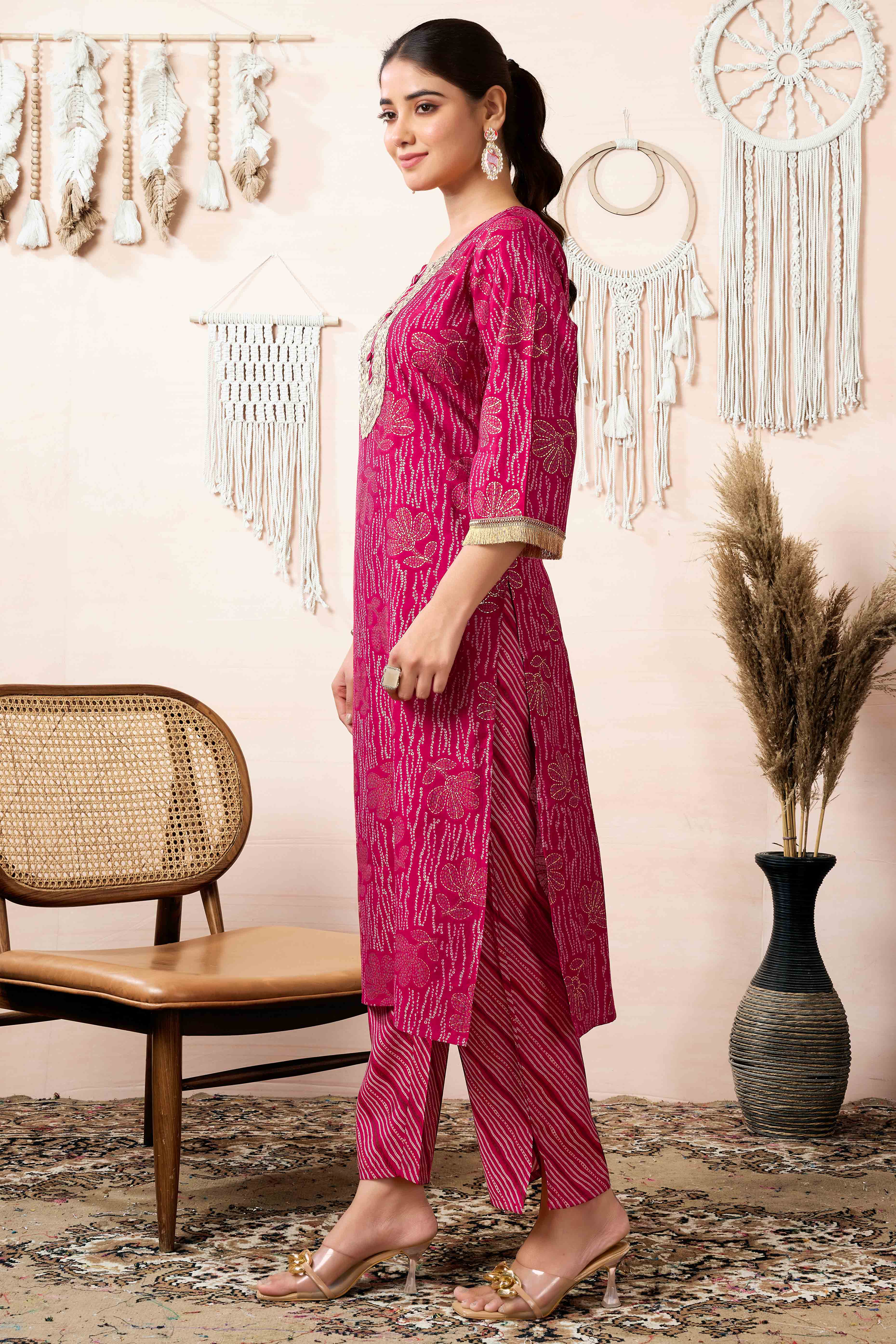 Pink Floral Foil Printed Chanderi Silk Straight Salwar Suit