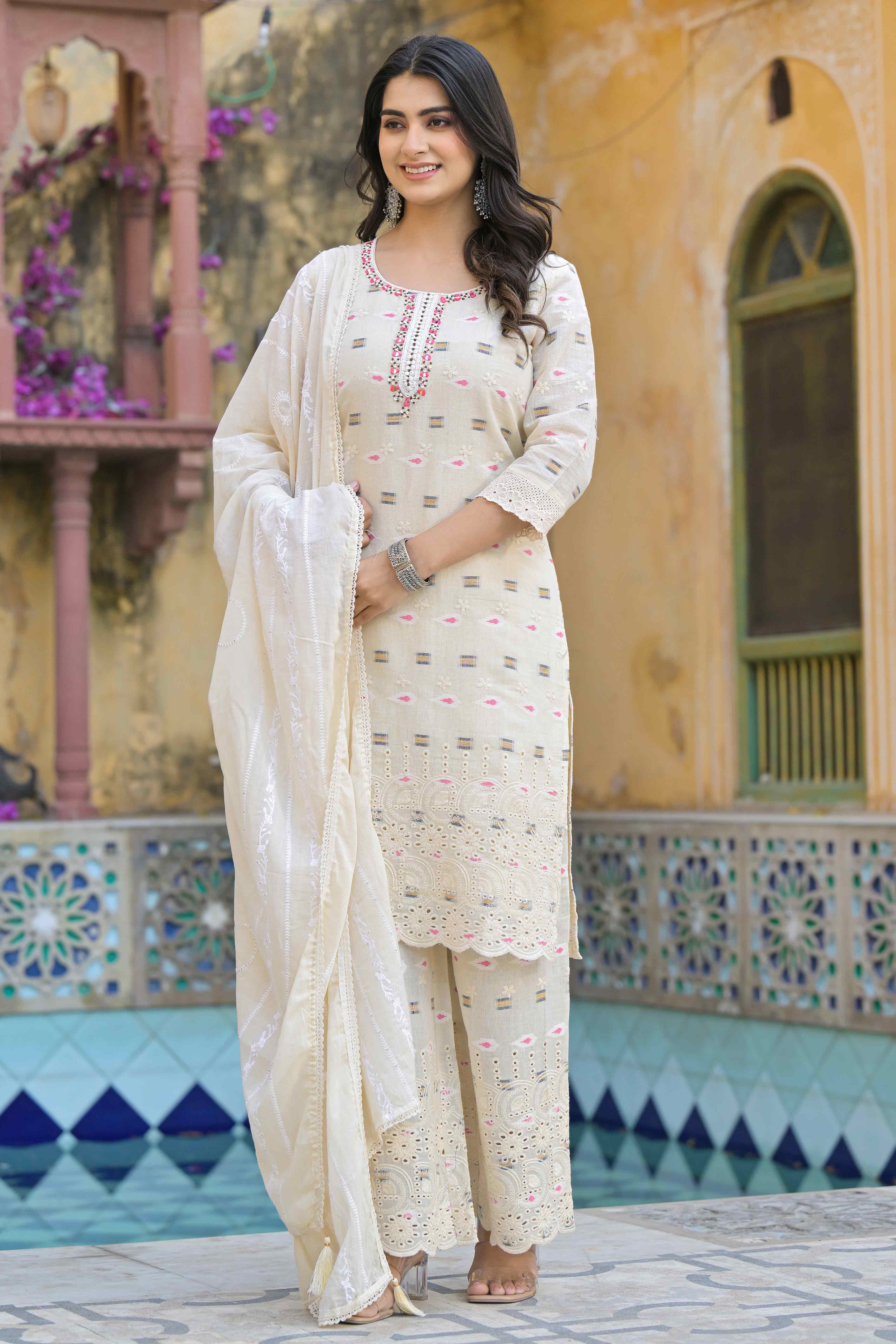 Off White Schiffli Work Embroidered Pure Cotton Salwar Suit