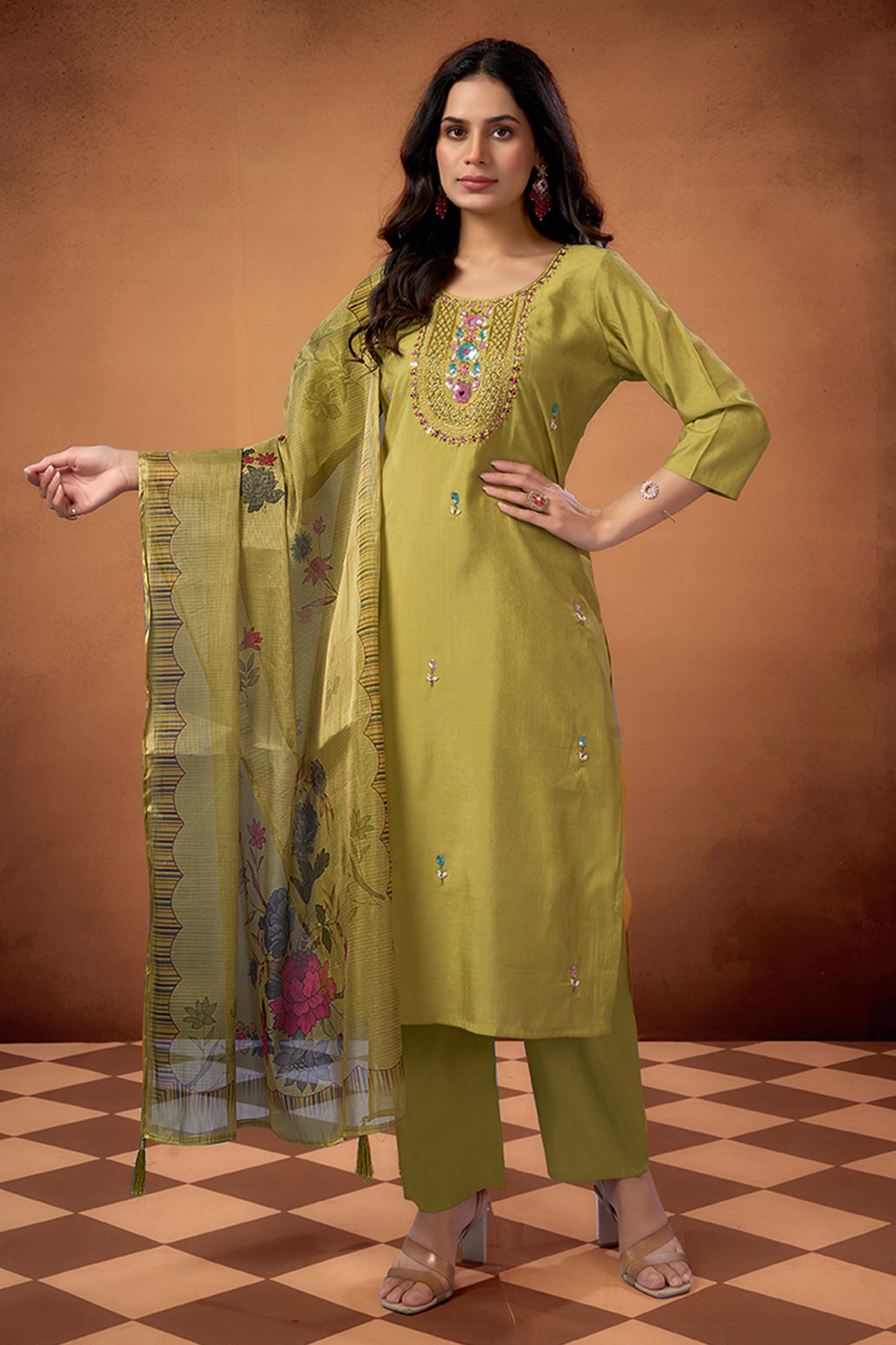 Lime Green Beads Work Embroidered Shimmer Straight Salwar Suit
