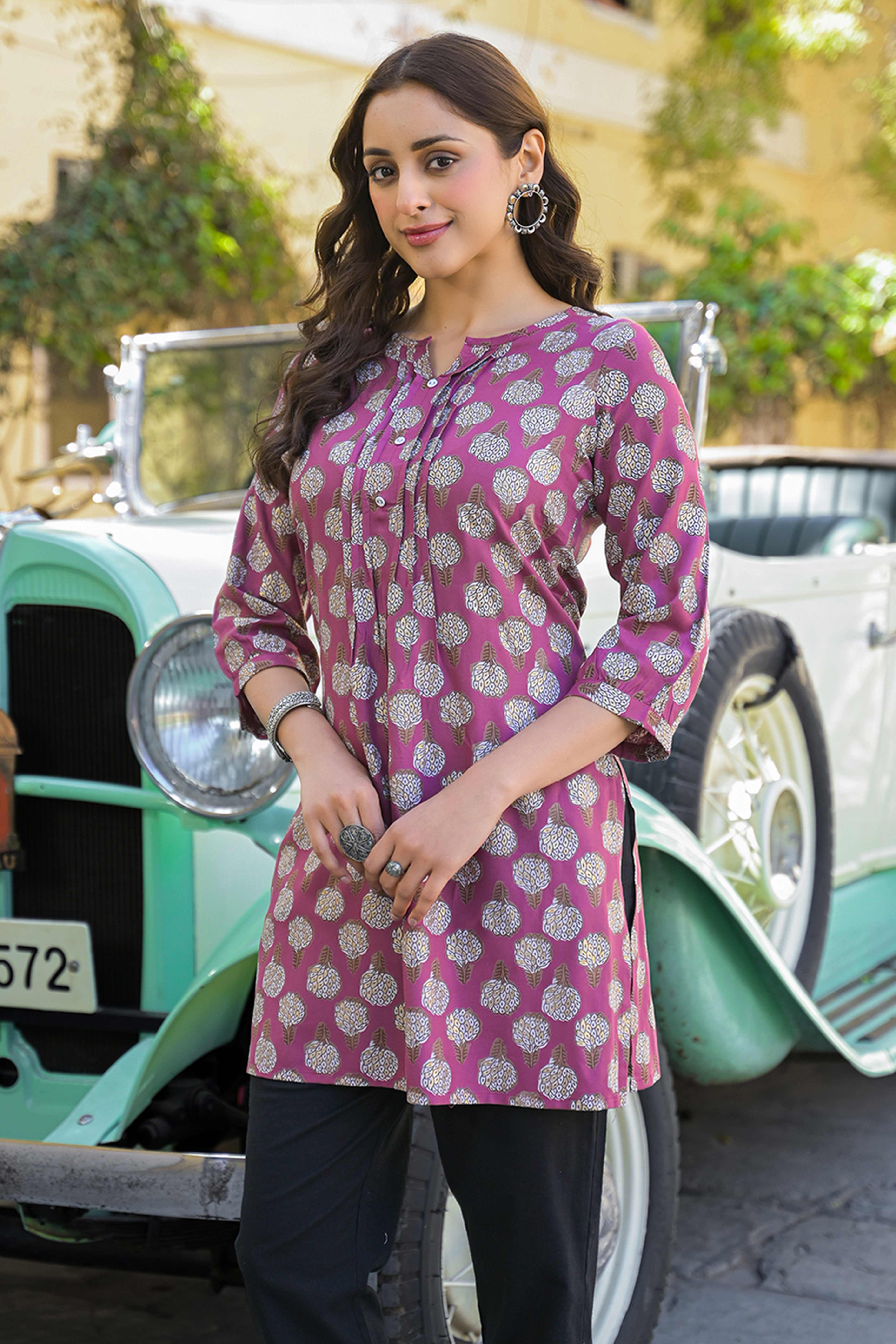 Purple Floral Printed Rayon Straight Top