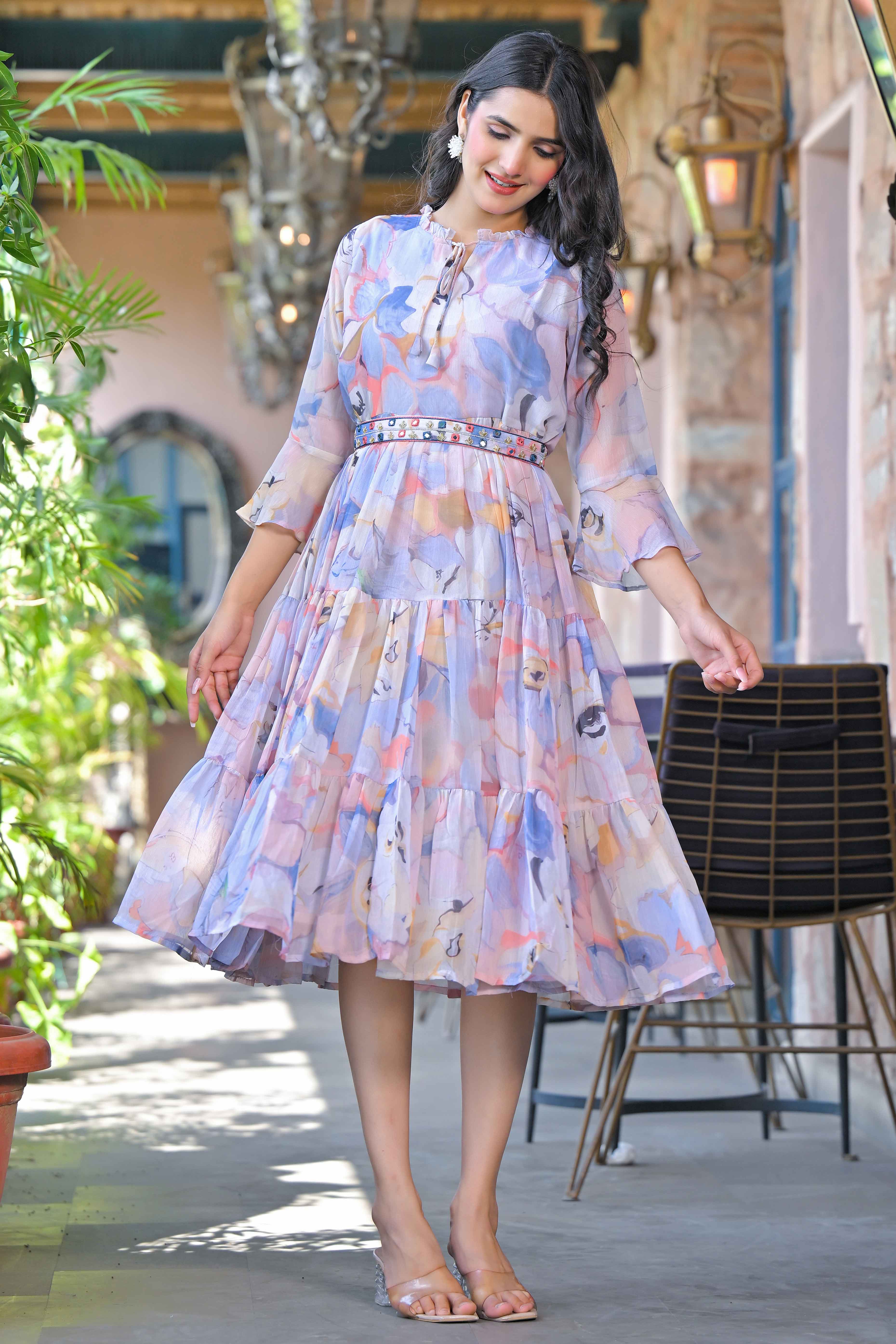 Multicolor Floral Printed Chiffon Maxi Dress With Waist Belt