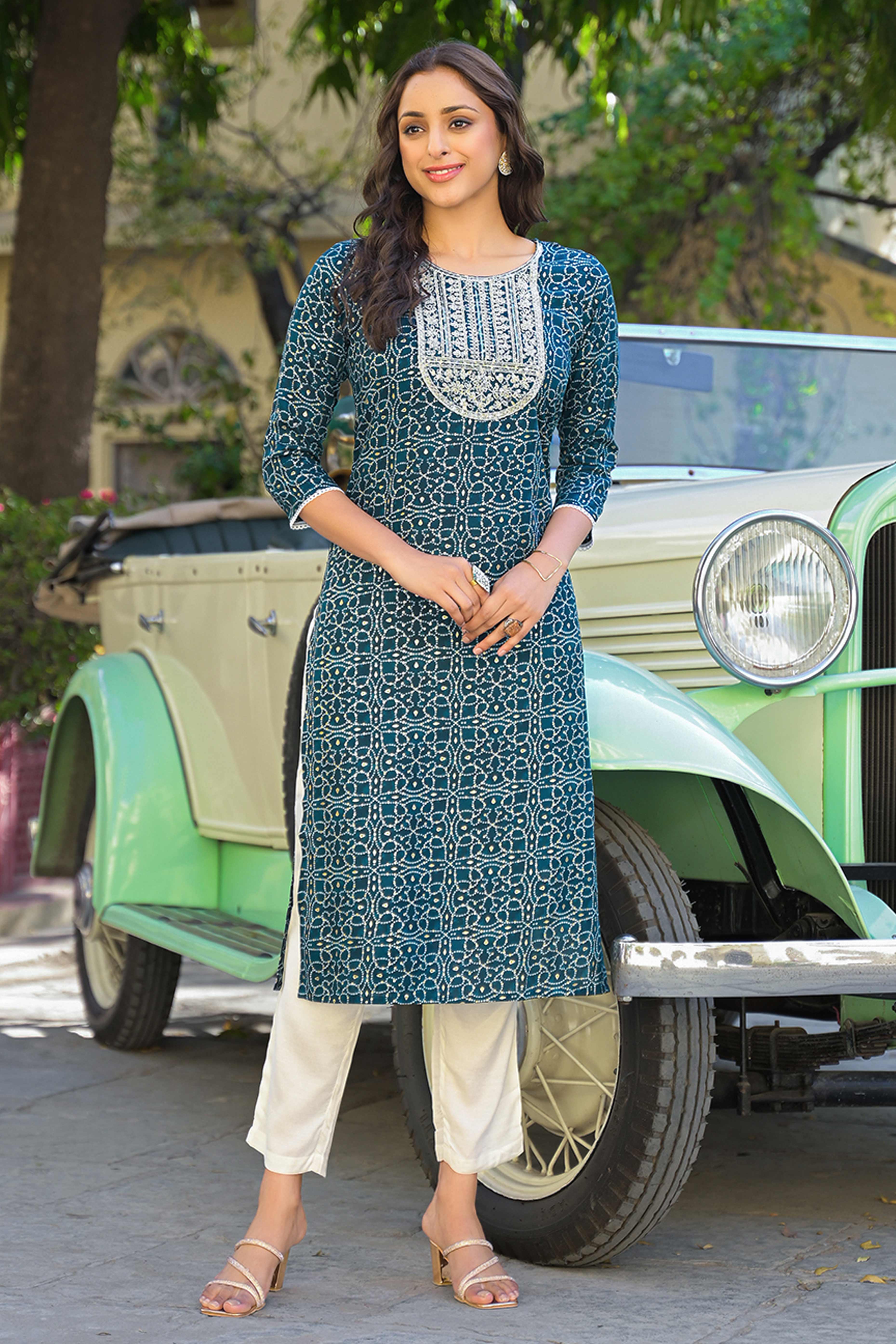 Bottle Green Bandhani Printed Thread Work Rayon Straight Kurti