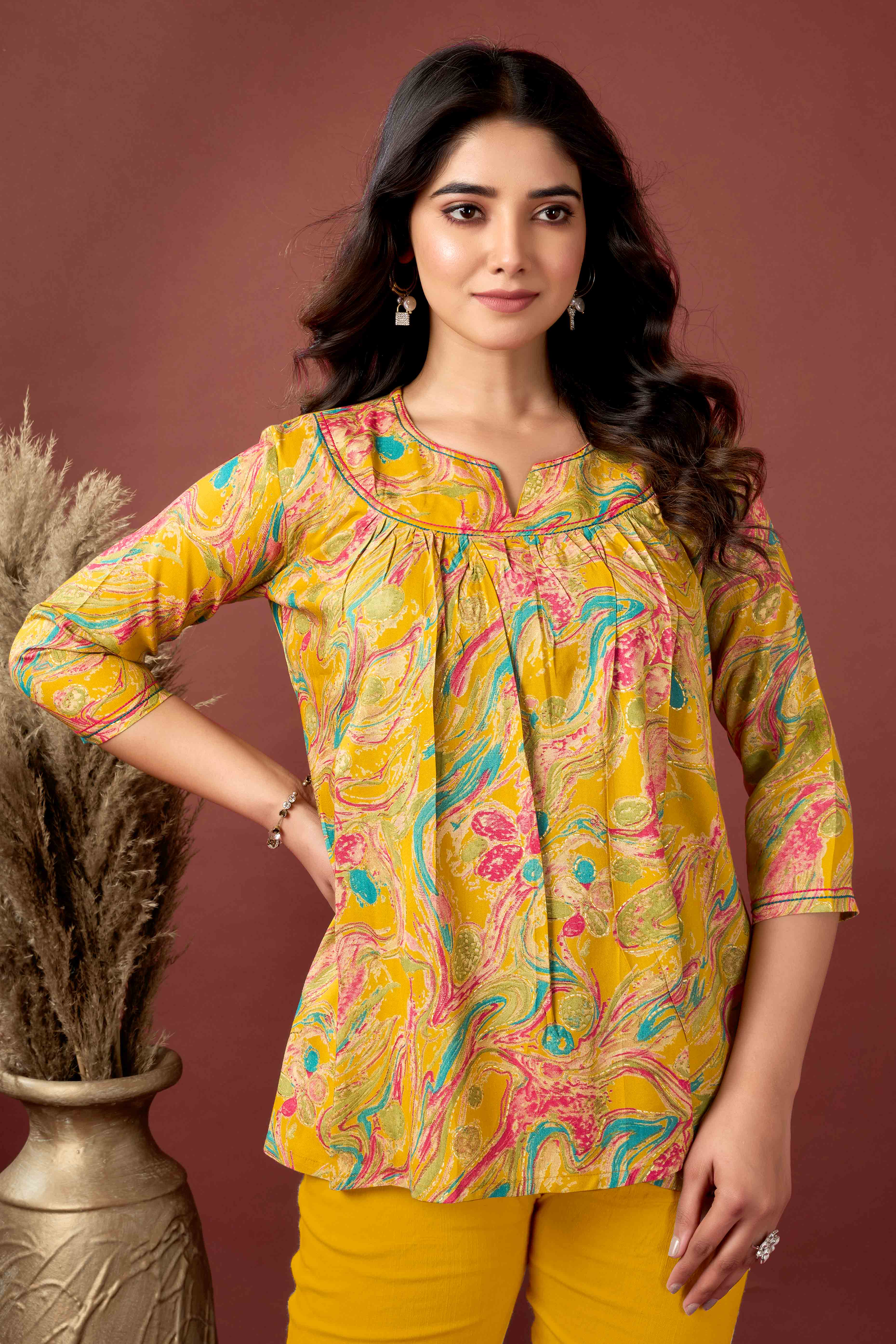 Mustard Abstract Printed Rayon Tunic Top