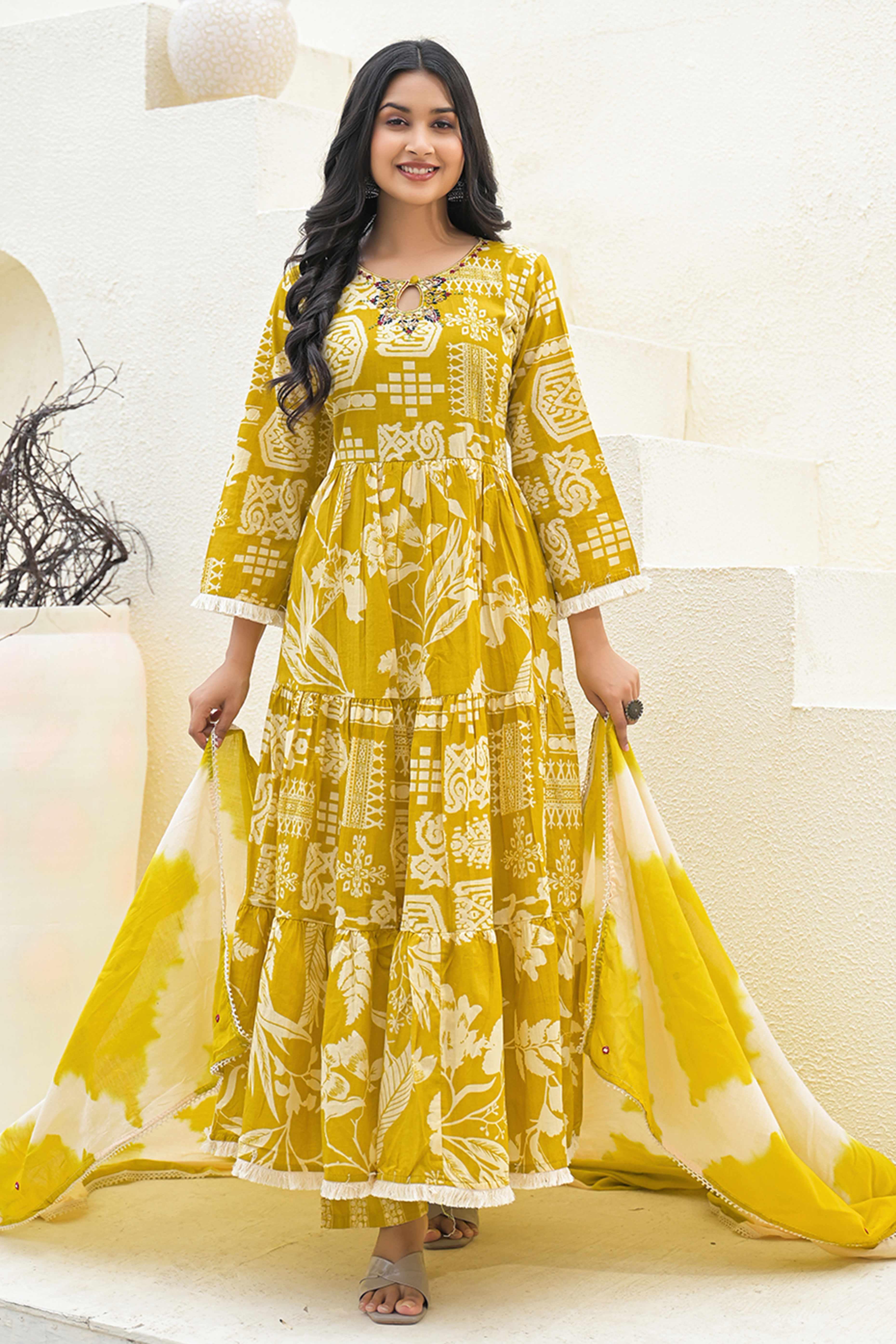 Traditional Printed Mustard Anarkali Salwar Suit with Delicate Embroidery in Cotton Fabric