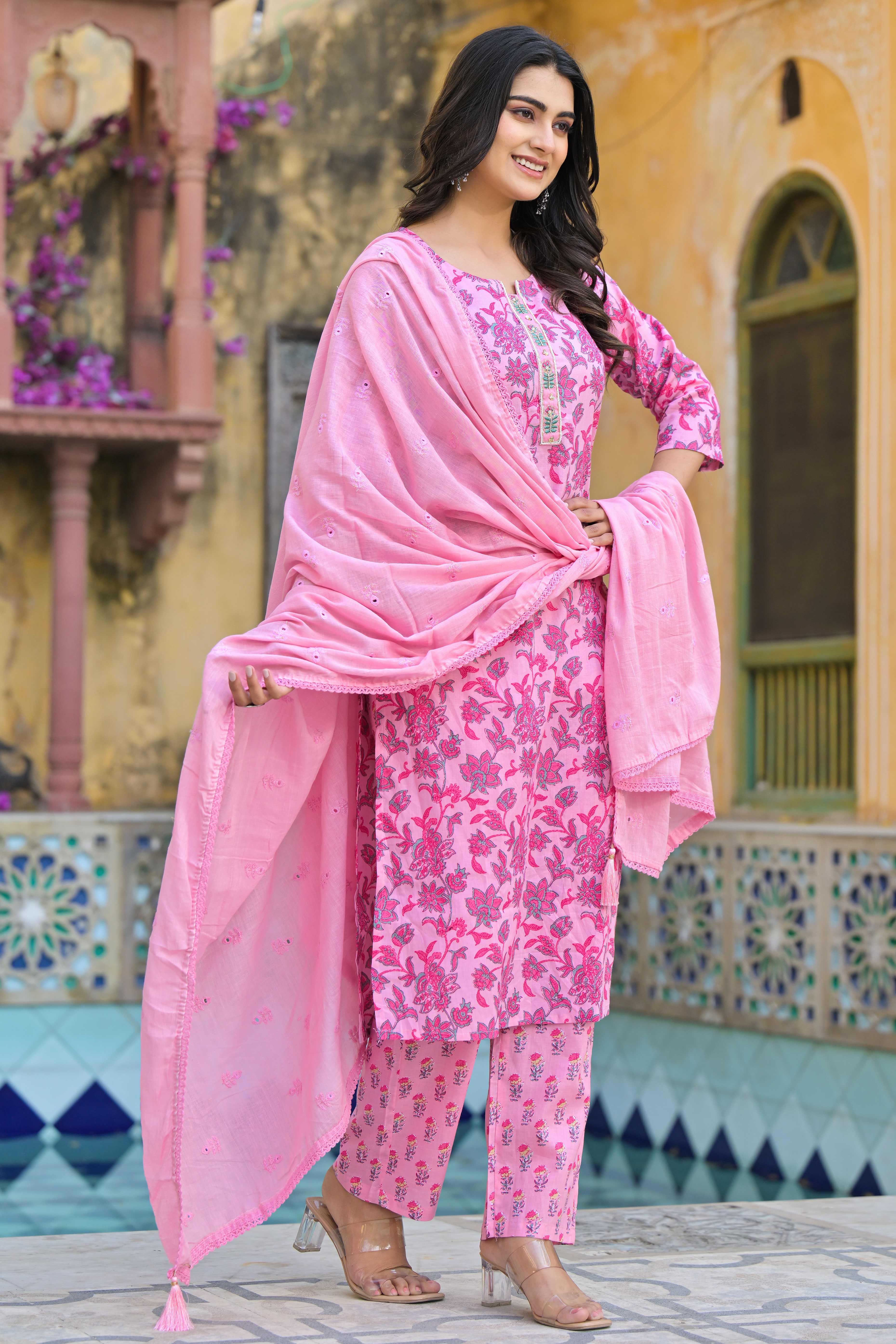 Blush Pink Floral Printed Pure Cotton Straight Salwar Suit