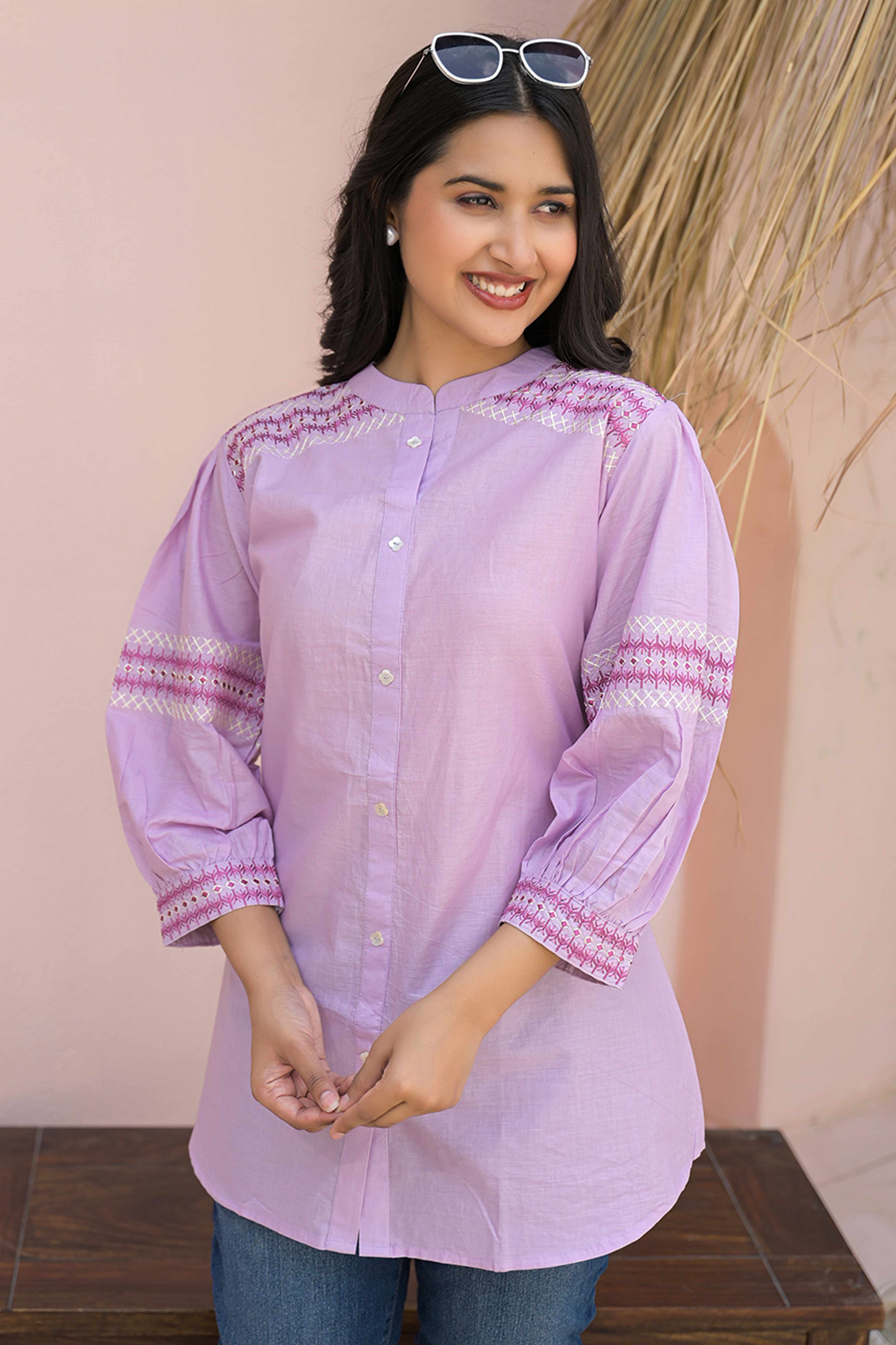 Lavender Straight Top in Cotton with Delicate Embroidered Highlights