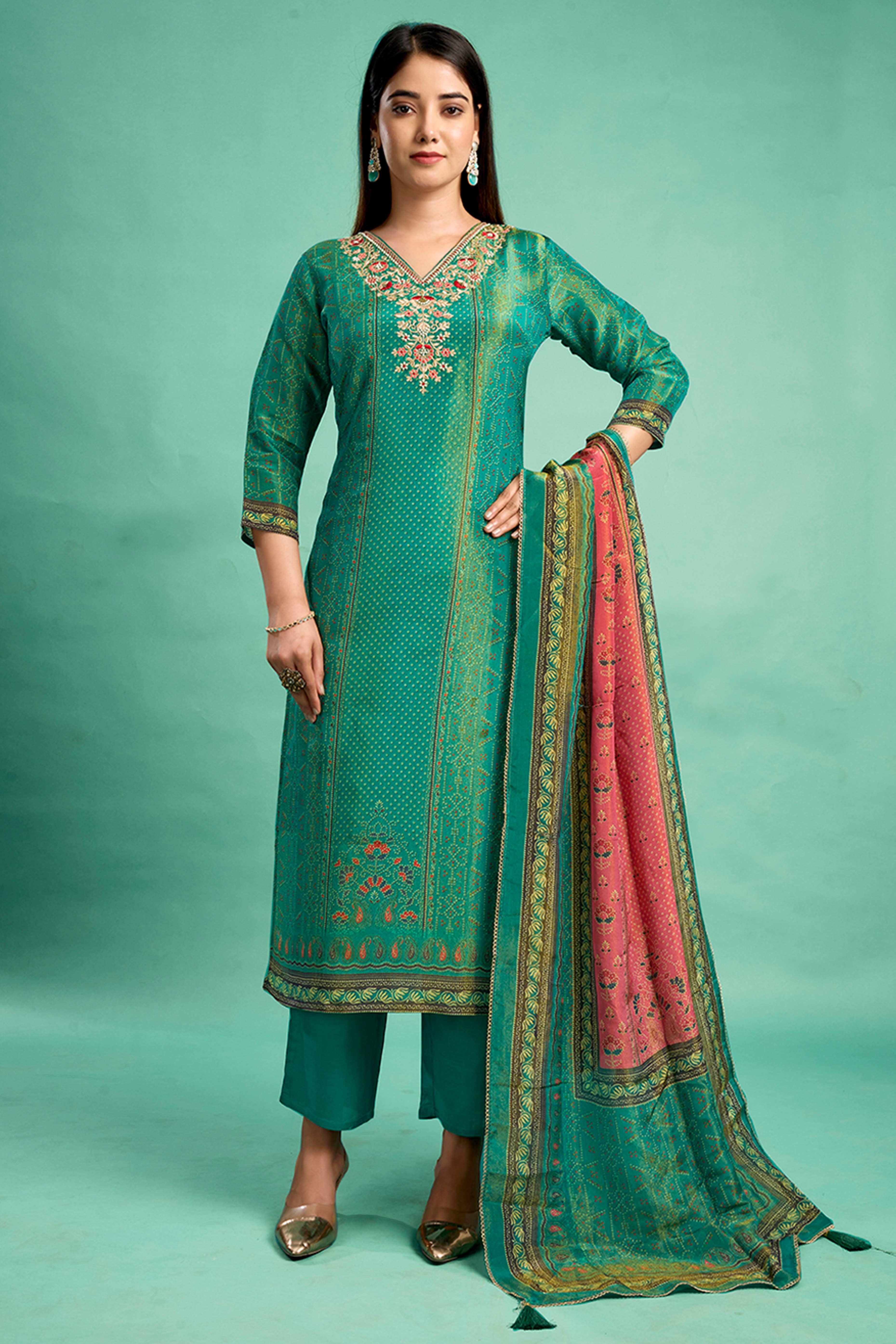 Bottle Green Bandhani Printed With Embroidery Work Pure Viscose Salwar Suit