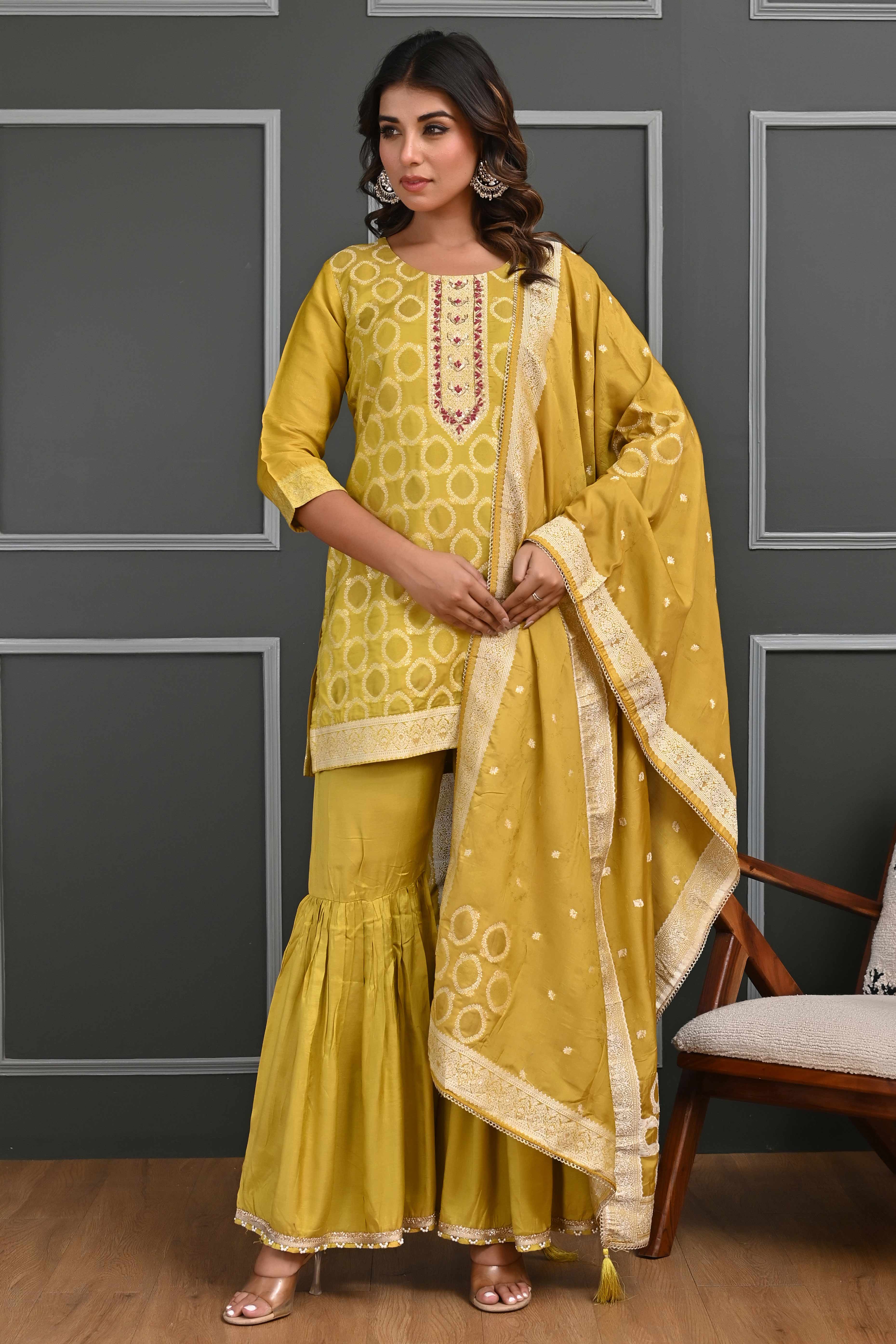 Vibrant Mustard Zari Weaving Cotton Silk Sharara Suit Ensemble