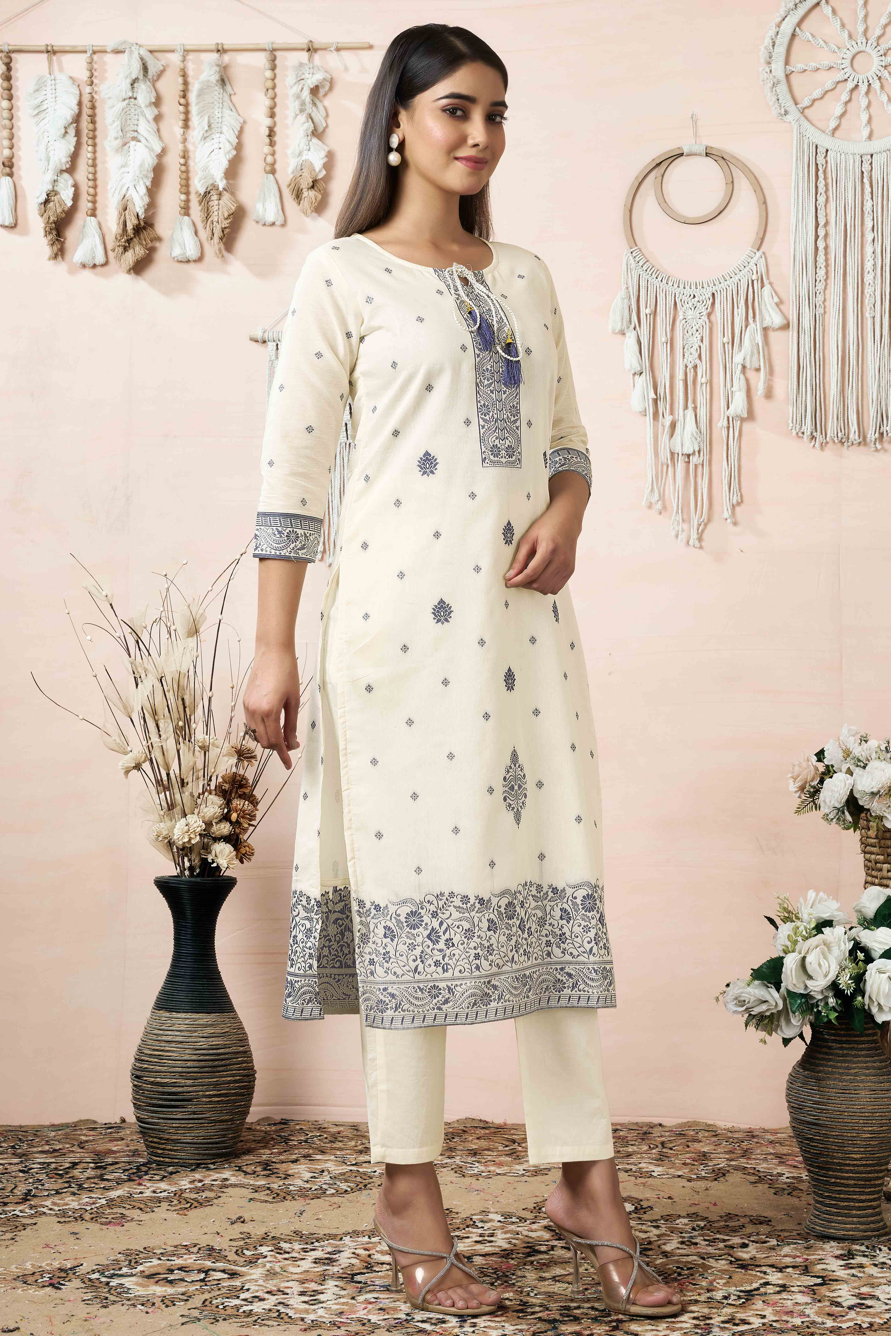 Off White & Blue Jacquard Weaving Pure Cotton StraigHT Salwar Suit