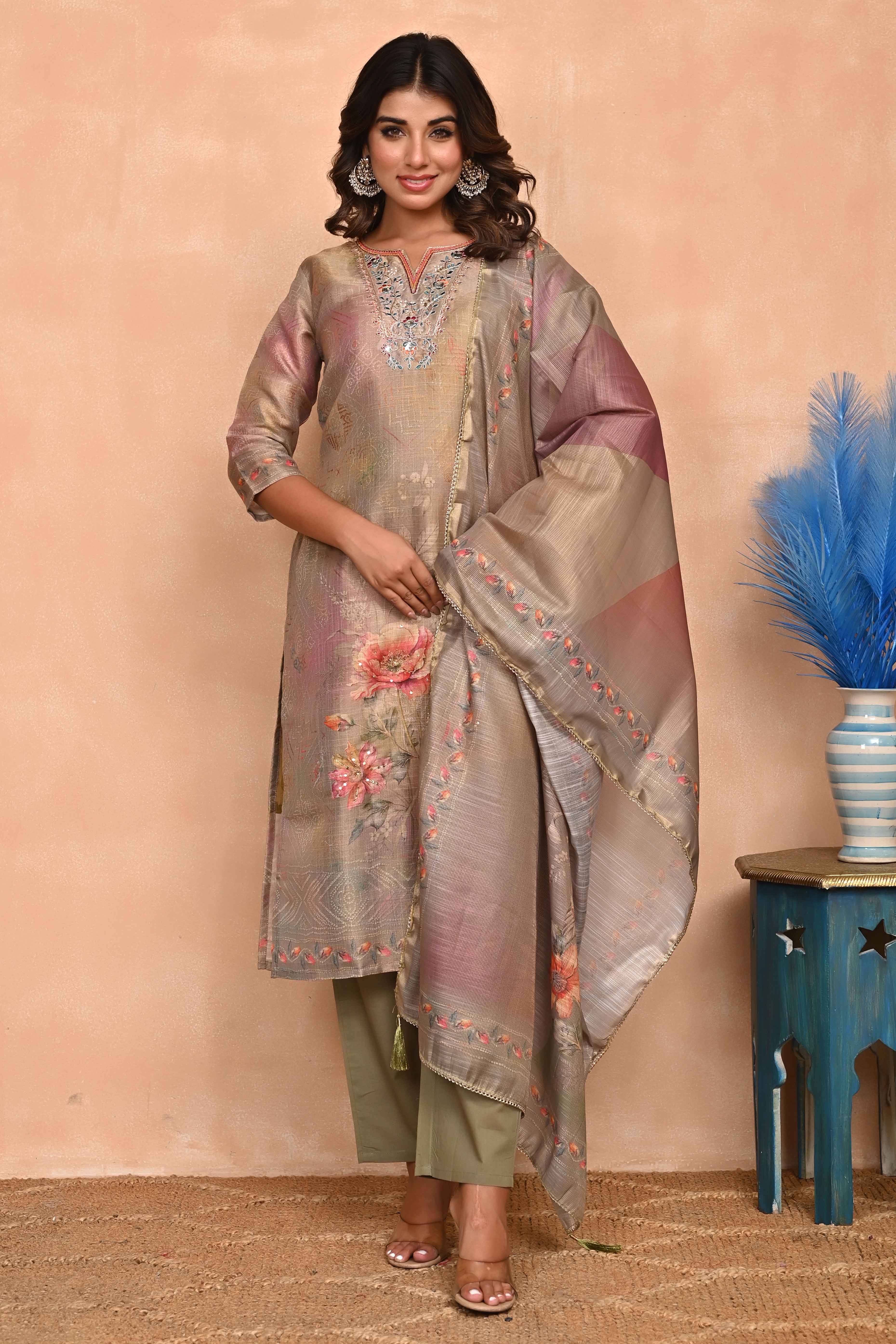 Stylish Olive Straight Cut Suit with Elegant Embroidery on Shimmer Linen