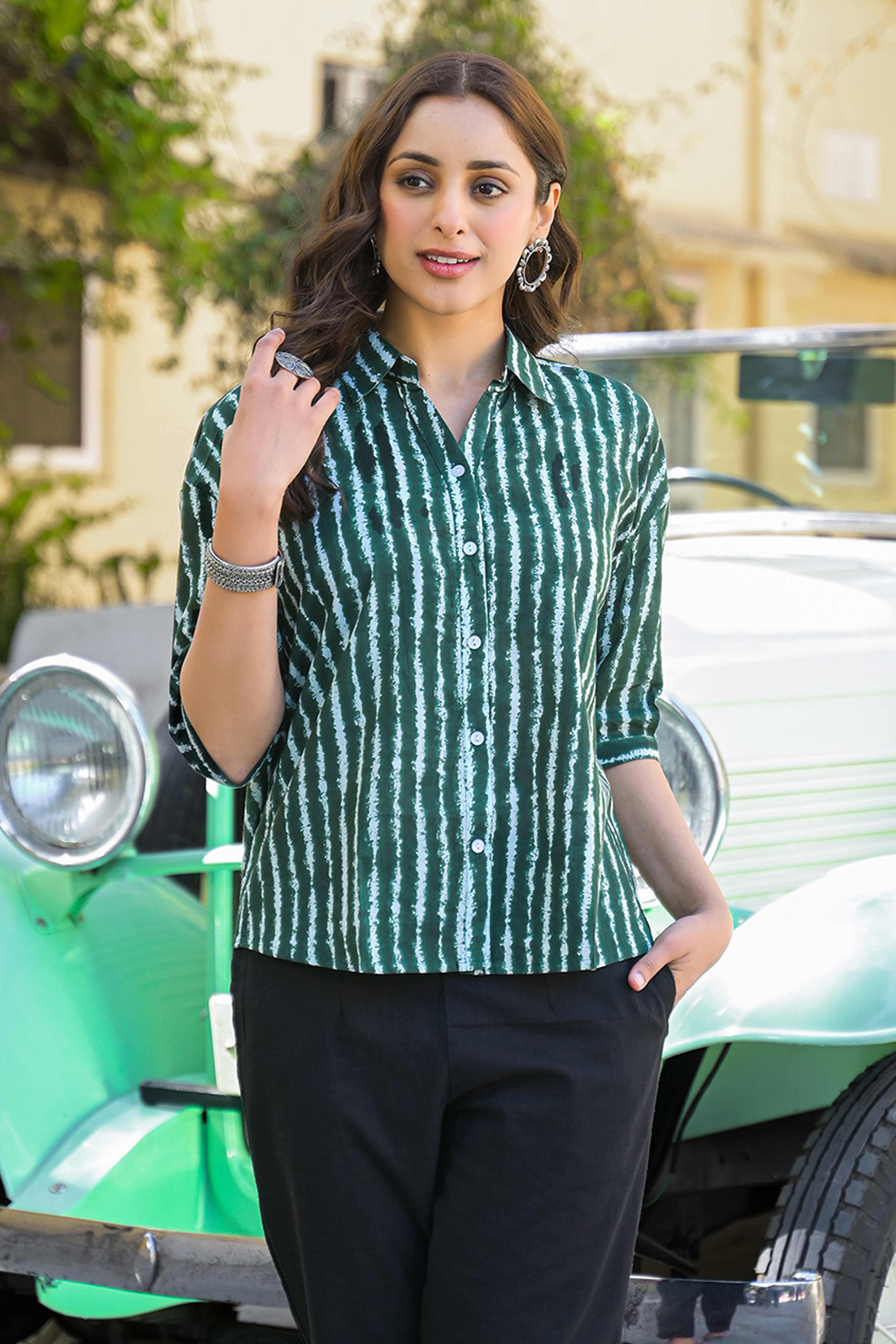 Green Striped Printed Pure Cotton Top