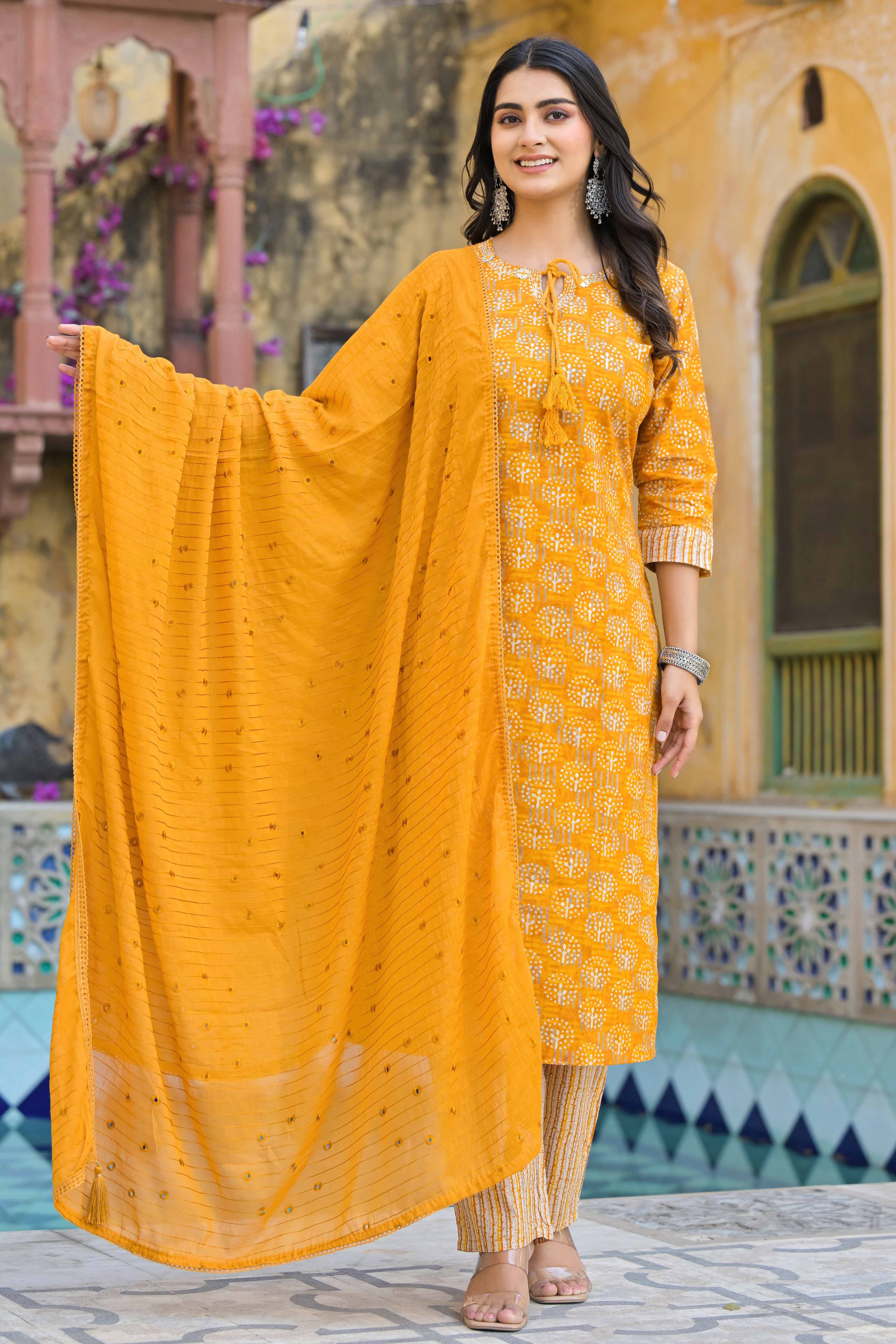 Mustard Floral Printed Pure Cotton Straight Salwar Suit
