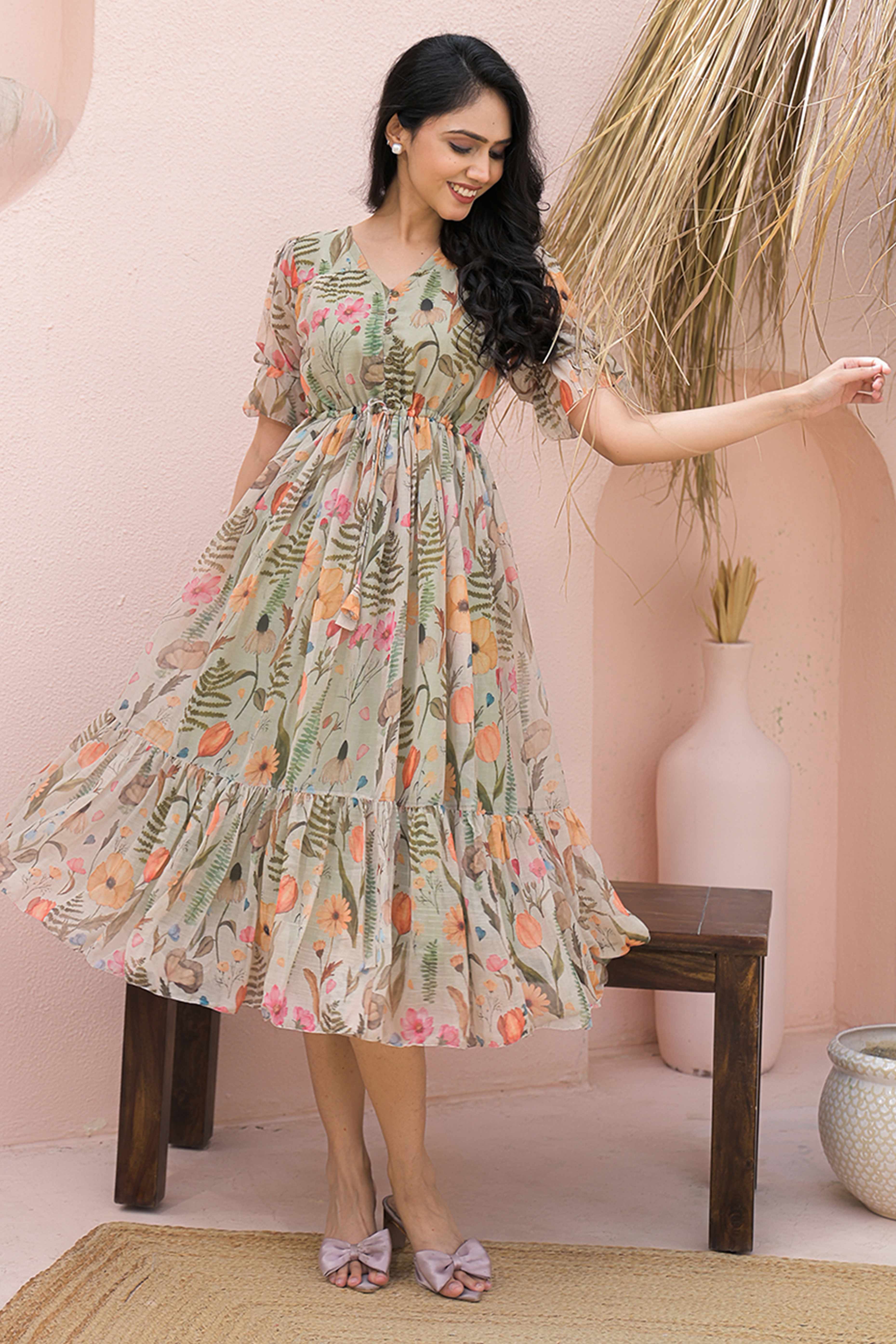 Romantic Pista Green Floral Print Maxi Dress in Sheer Chiffon