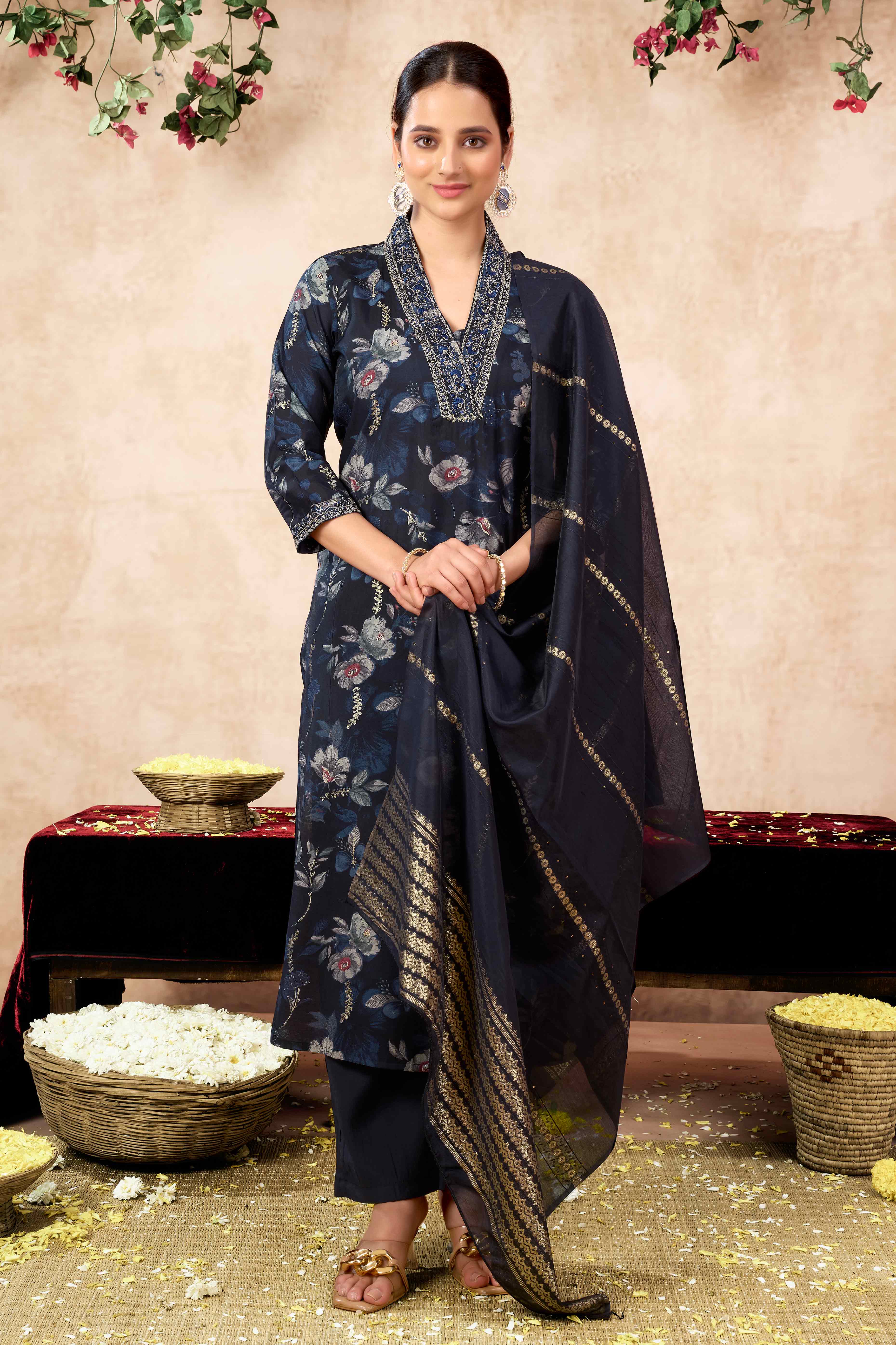 Black Floral Printed Cotton Silk Straight Salwar Suit