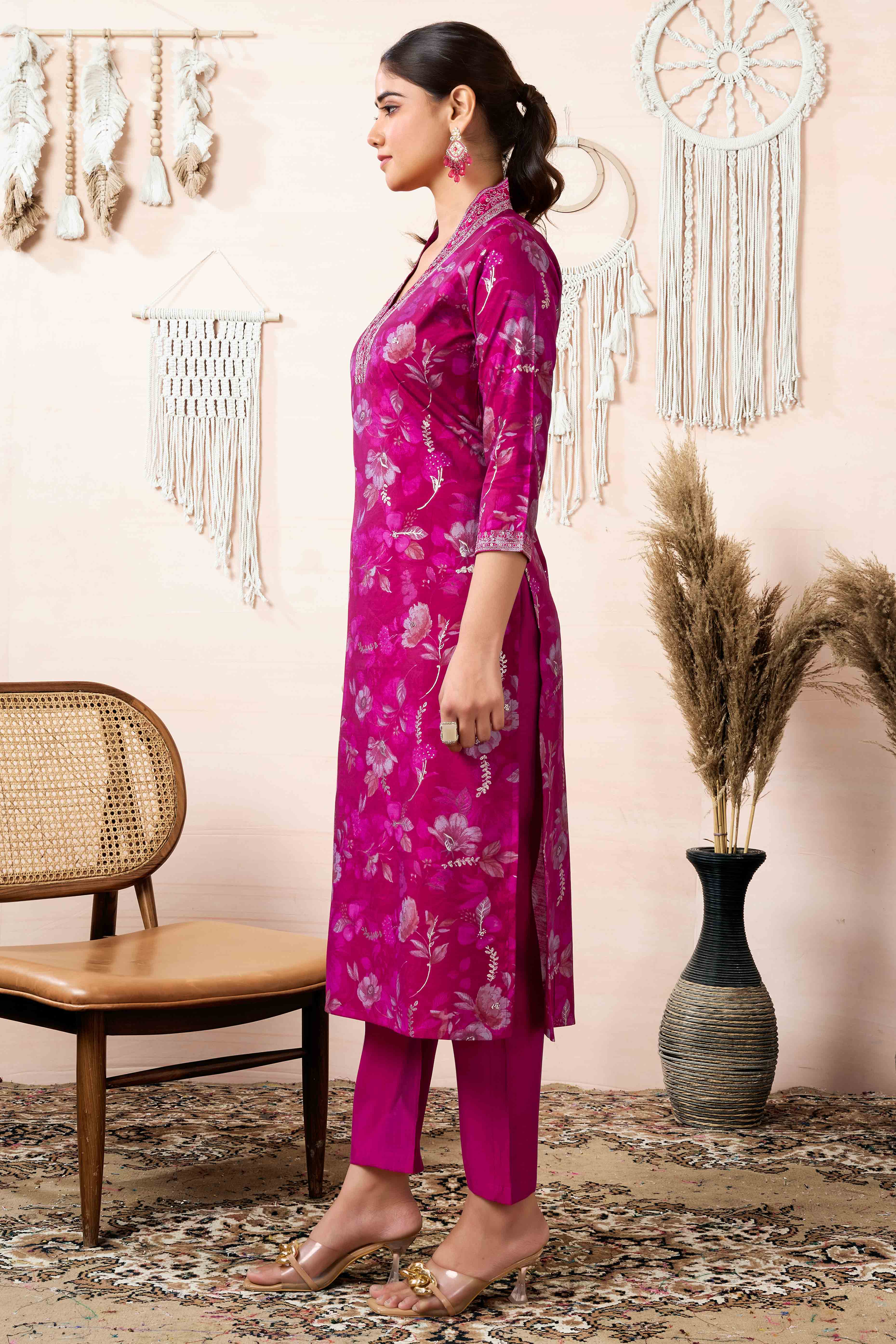 Pink Floral Foil Printed Cotton Silk Straight Salwar Suit