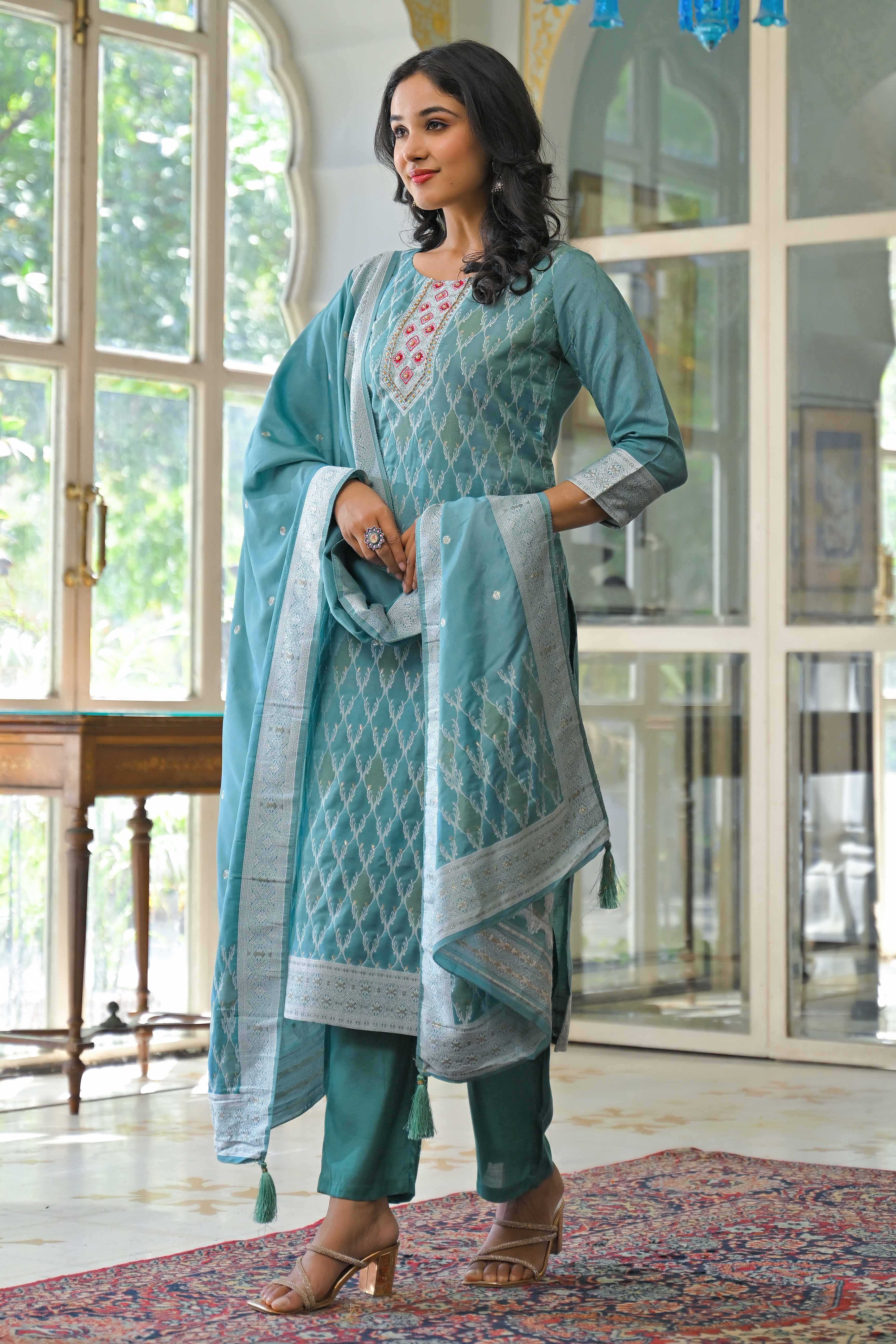 Dark Turquoise Woven With Handwork Jacquard Straight Salwar Suit