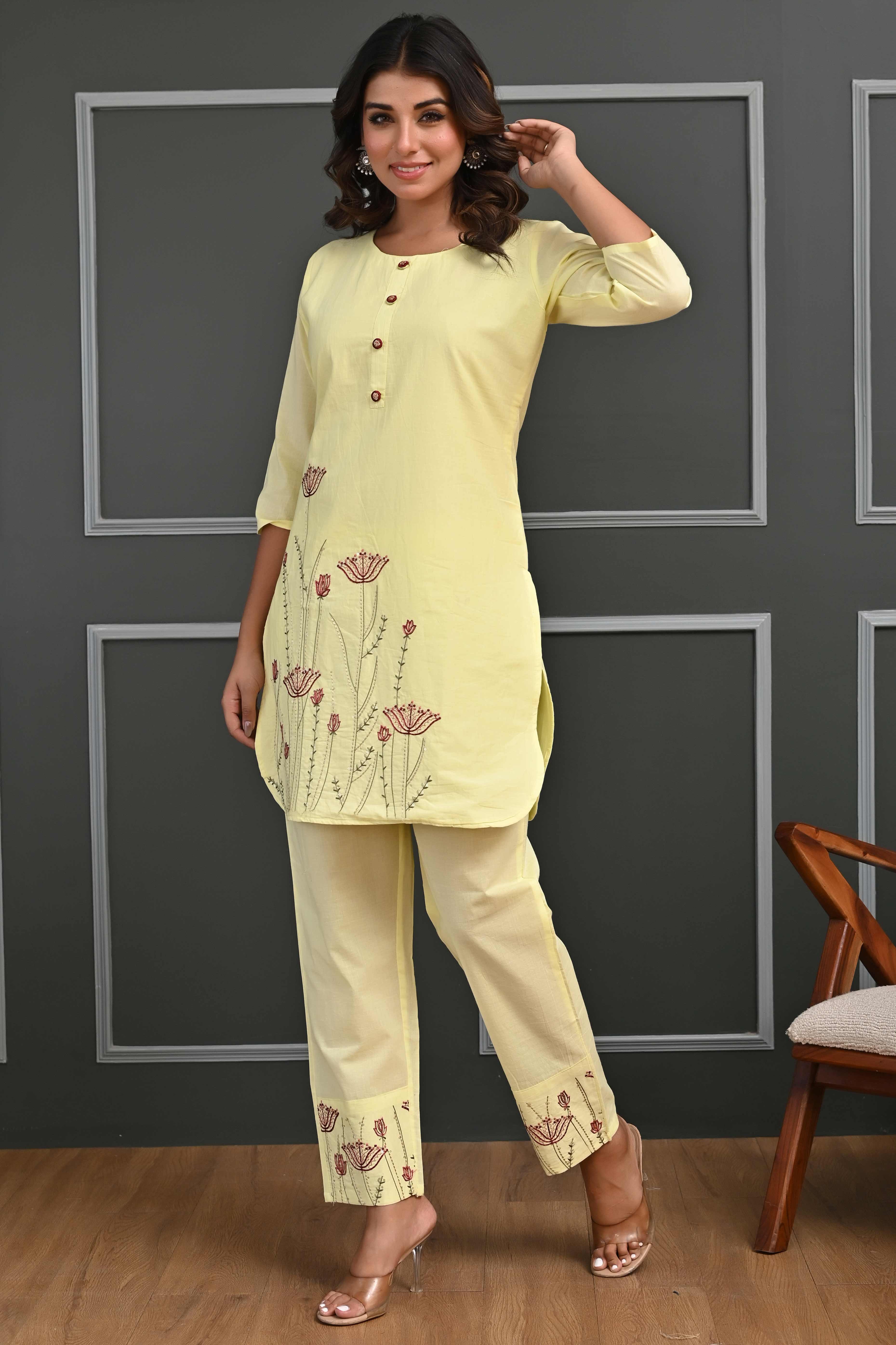 Radiant Yellow Floral Embroidered Co-Ord Set in Breathable Cotton for Stylish Comfort