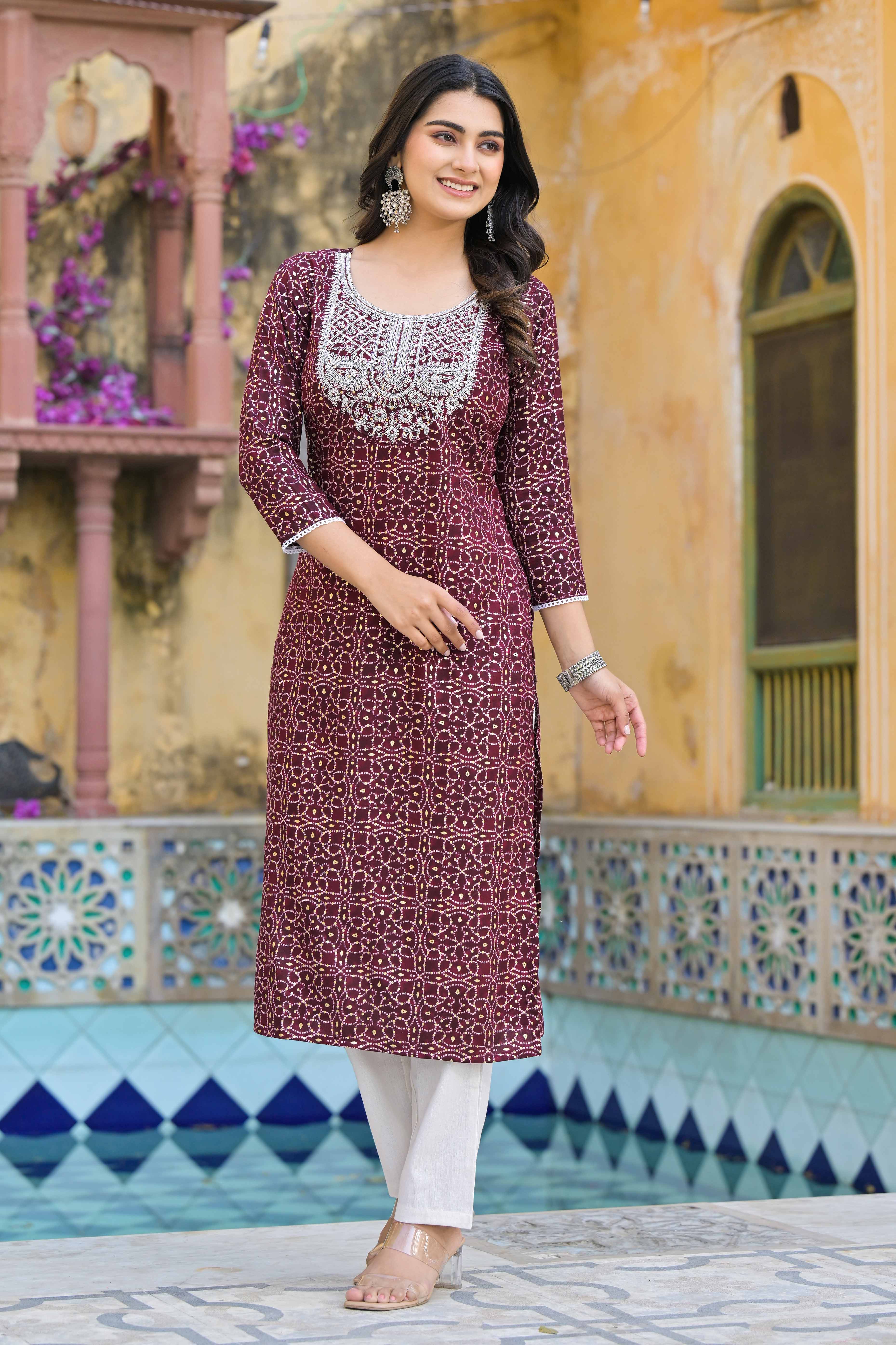 Maroon Bandhani With Embroidered Rayon Straight Kurti