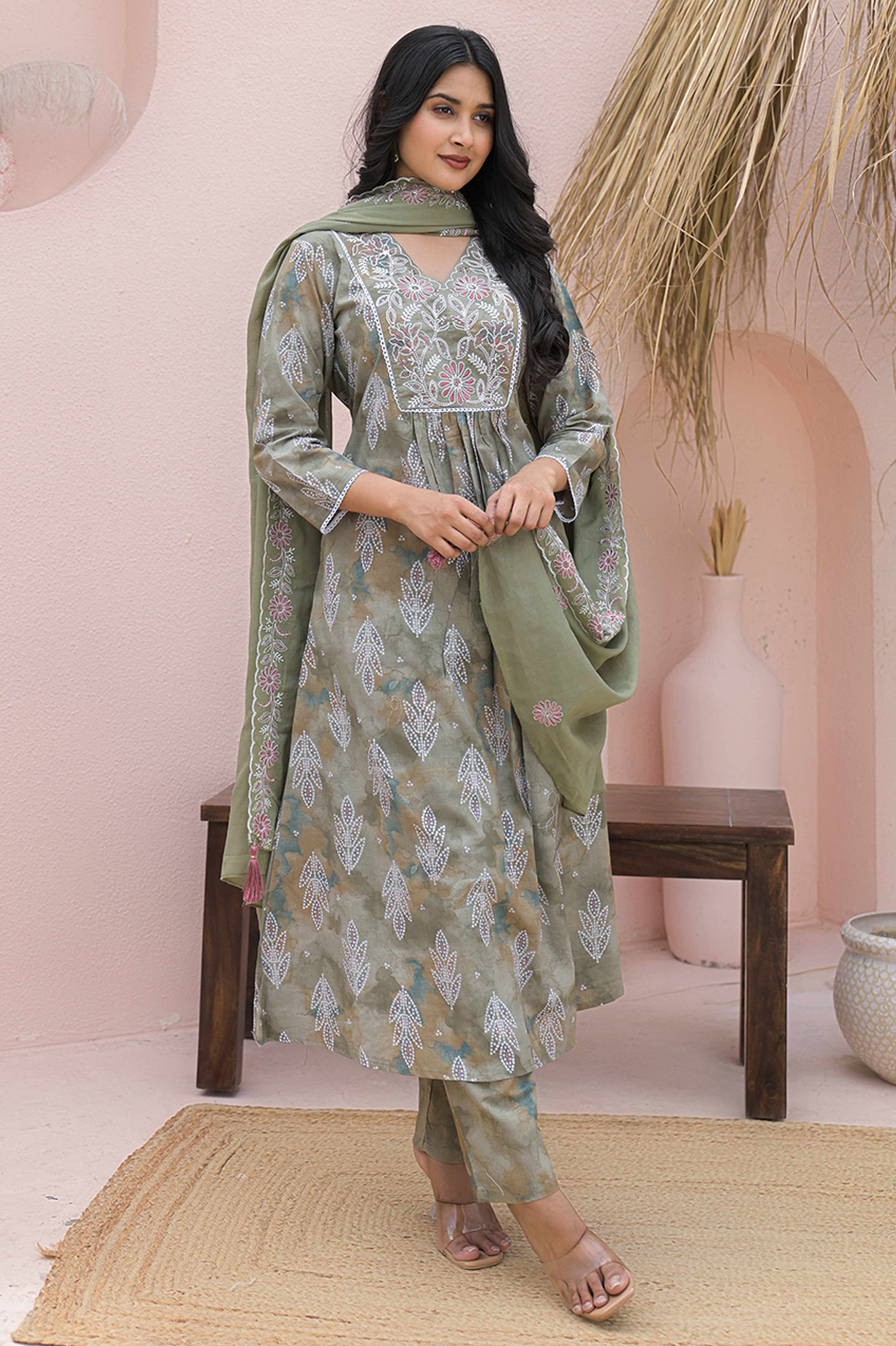 Olive Printed and Embroidered Pure Cotton Salwar Suit in Flattering A-Line Cut