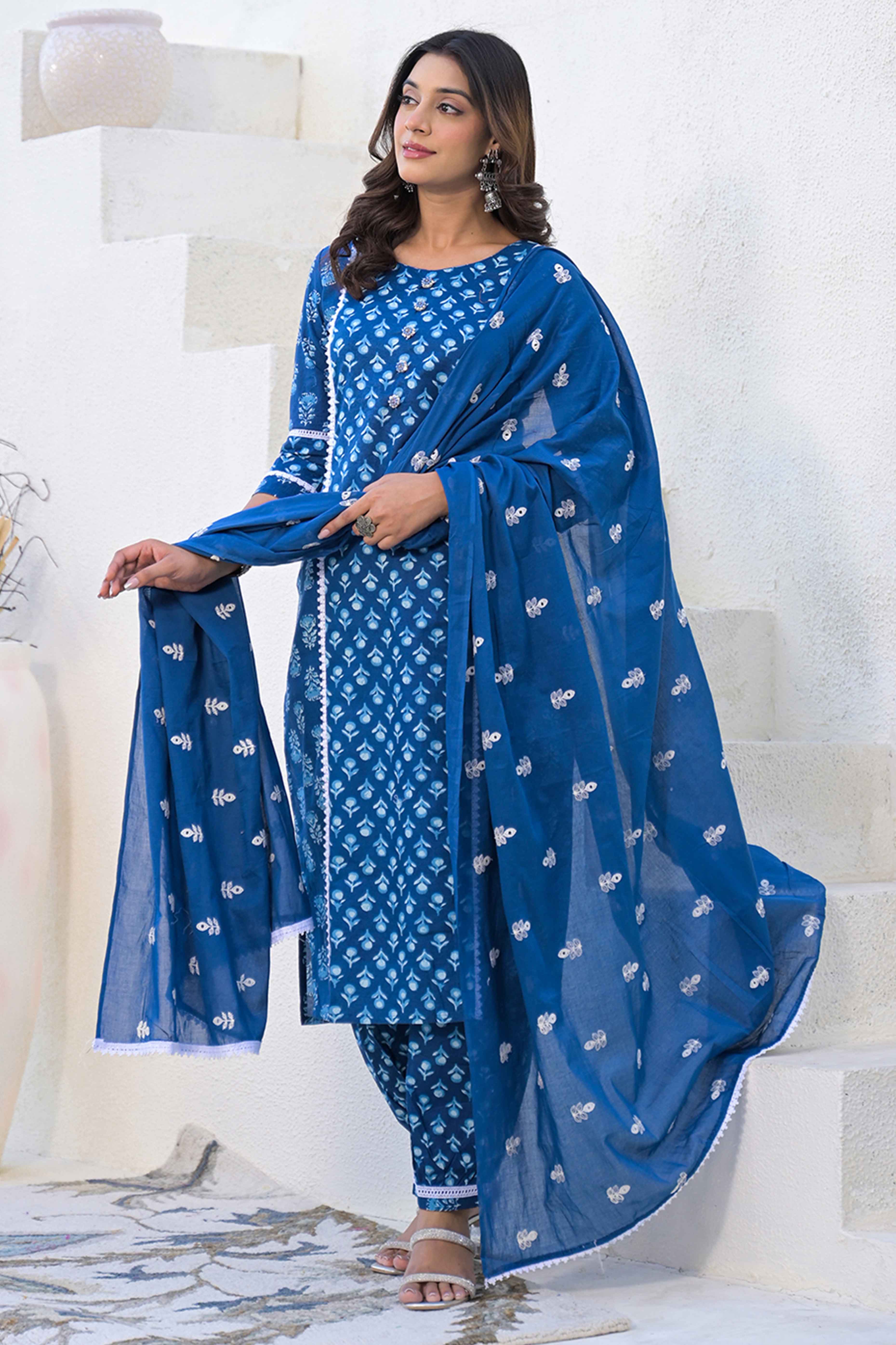 Navy Blue Floral Printed Cotton Suit With Straight Cut Design