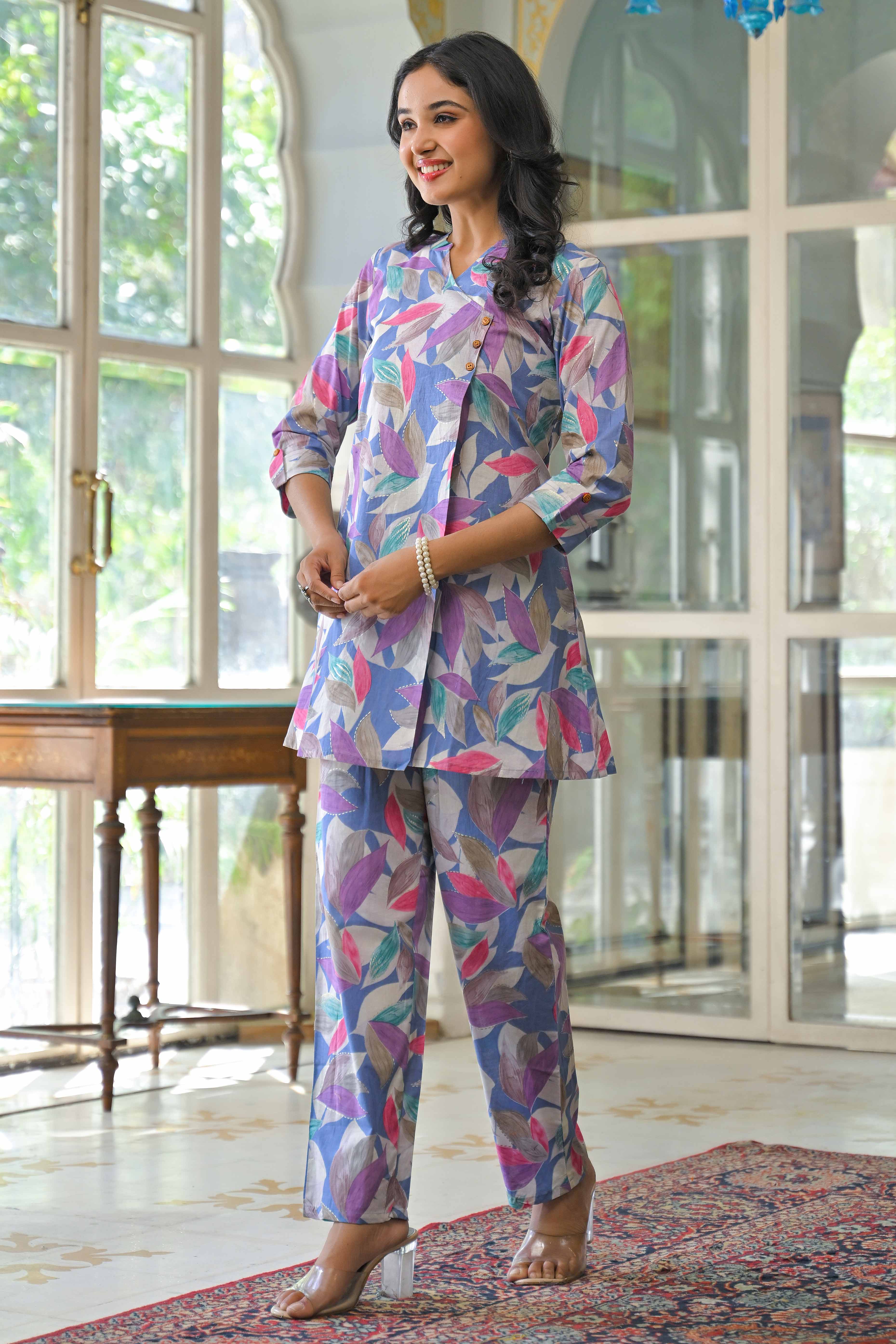 Multicolor Floral Foil Printed Pure Cotton A-Line Top Bottom Set