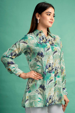 Sea Green Floral Printed Muslin Straight Top