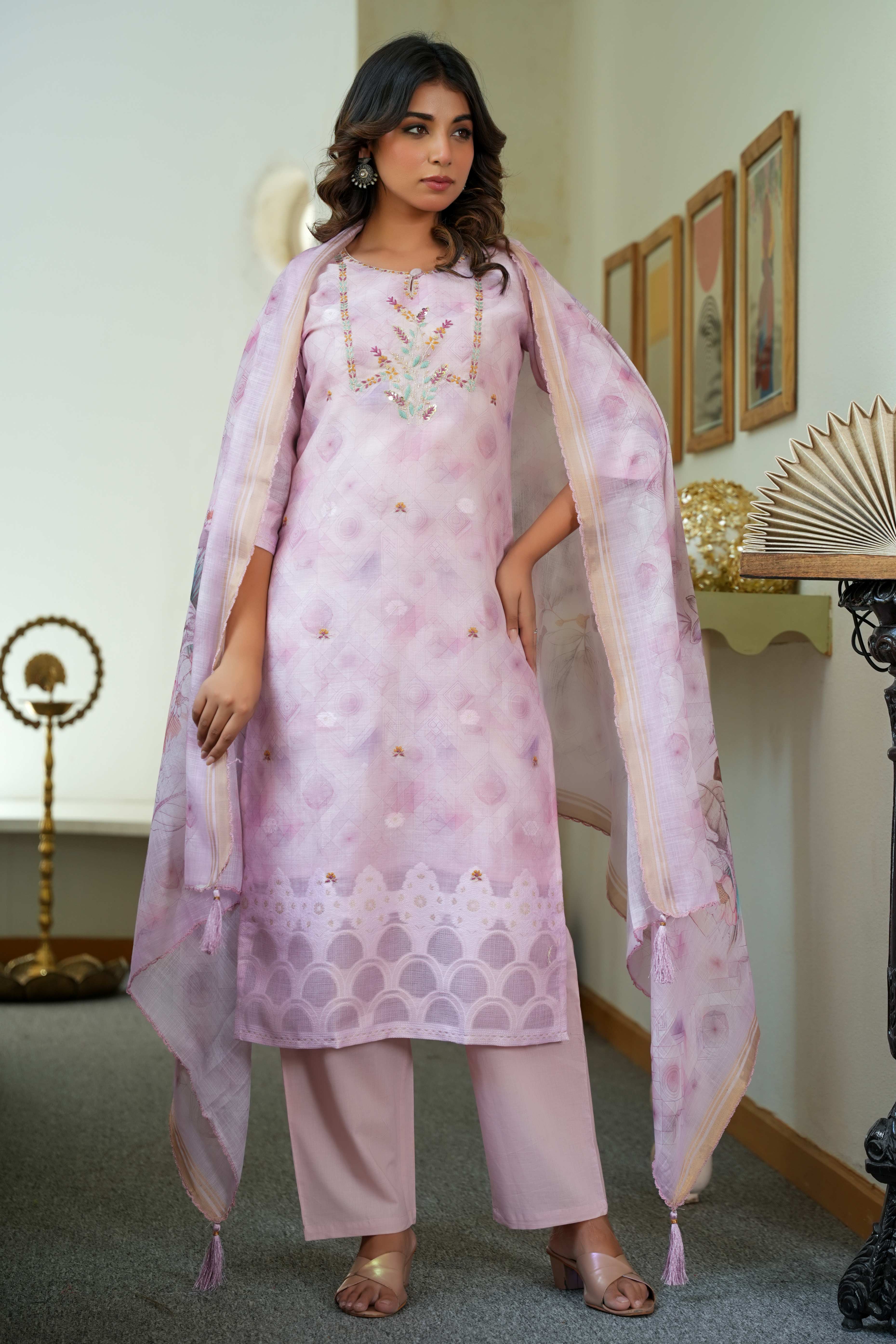 Sophisticated Onion Pink Linen Jacquard Suit Adorned with Floral Embroidered Patterns