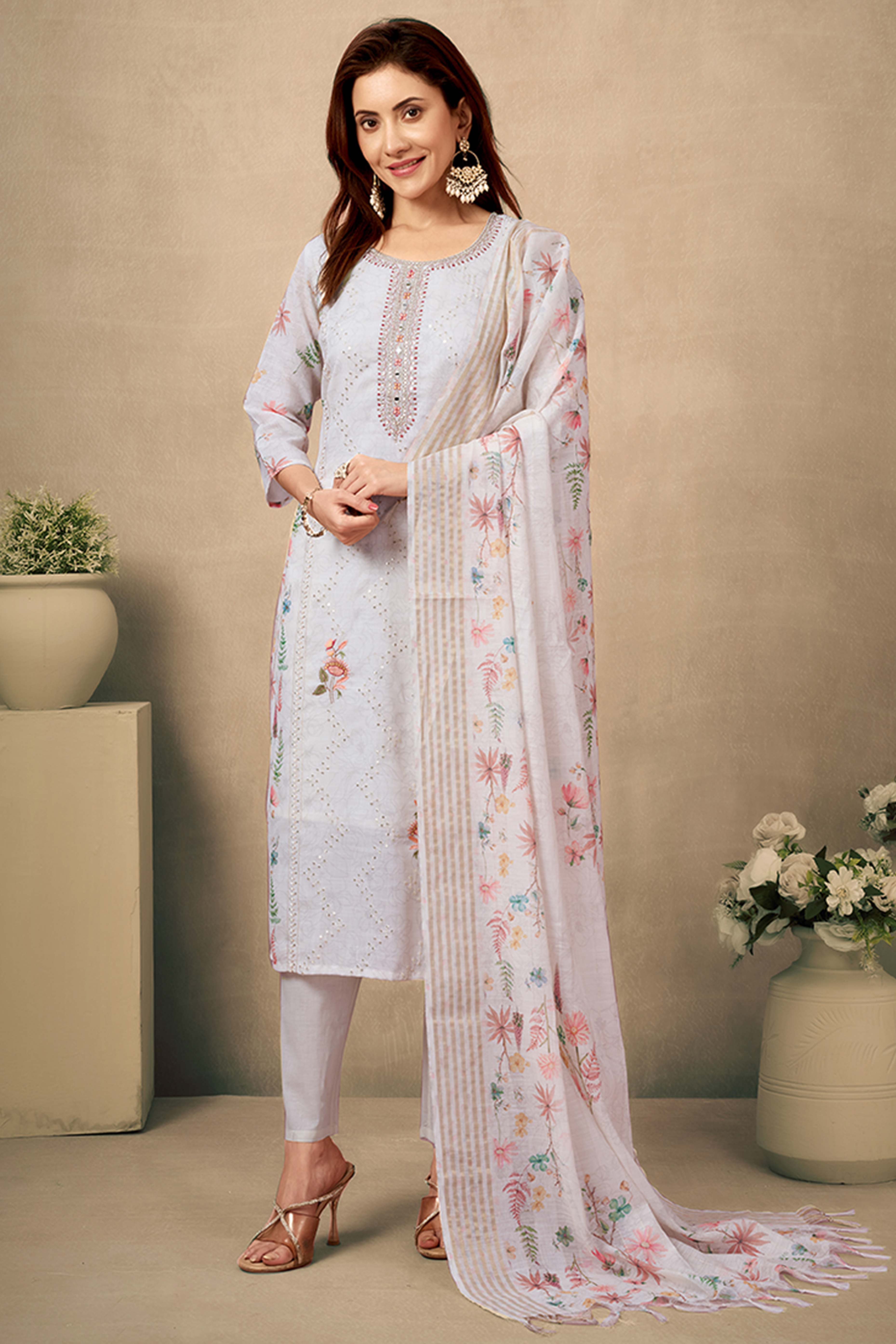 Cream & White Cotton Salwar Suit with Exquisite Floral & Sequin Detailing